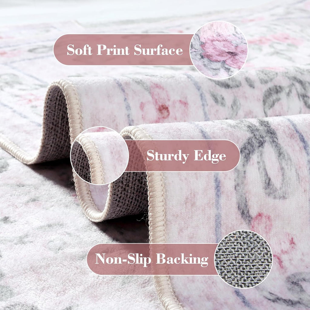 Wonnitar Floral Bow Print 8x10 Area Rugs, Washable Pink Rugs for Bedroom Girls, Boho Ultra-Thin Soft Non Slip Carpet for Nursery Living Room Kids Room Classroom Decor, Light Pink