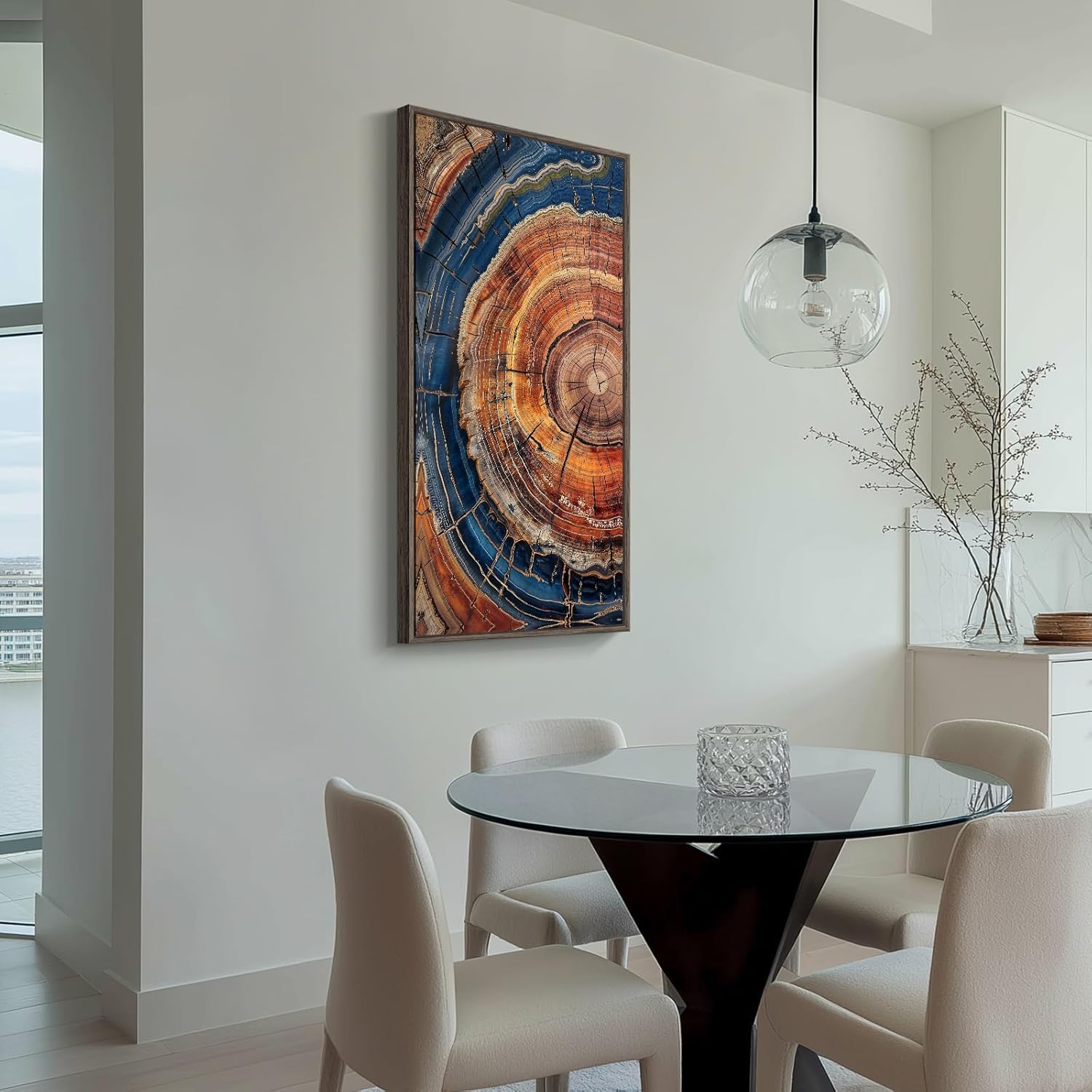 Framed Vertical Colorful Tree Ring Living Room Wall Art, Large Vintage Farmhouse Wood Stump Canvas Artwork for Walls, Rustic Nature Tree Ring Painting Print for Office Kitchen Foyer Stair Wall Decor, 20x40 Inch