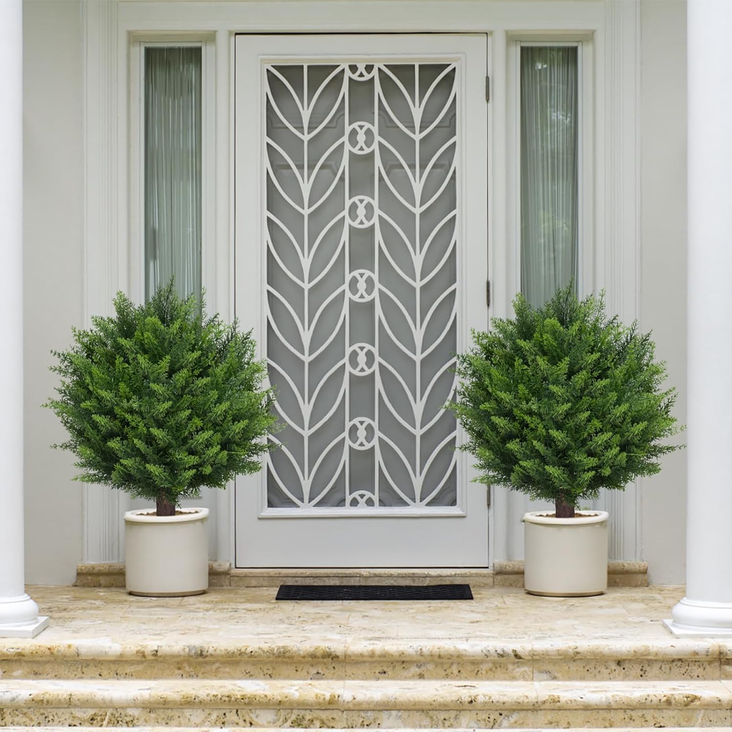 Artificial Set of 2 Cedar Topiary Ball Trees 22" for Outdoors with Ground Spike, UV Resistant Faux Cypress Plants into Anywhere, Evergreen Shrubs Bushes for Room Front Porch Garden Backyard Decor