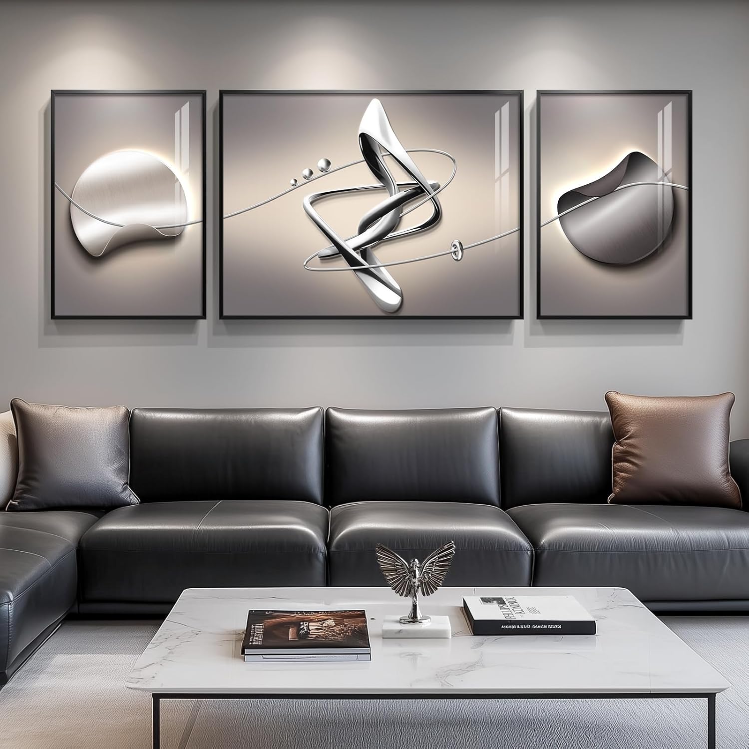 Large Framed Modern Luxury Gold Wall Art for Living Room, 3 Piece Bright Style Art Prints Paintings Artwork for Walls, Bronze Gold Geometric Pictures for Hallway Stair Office Wall Decor 24x36 In