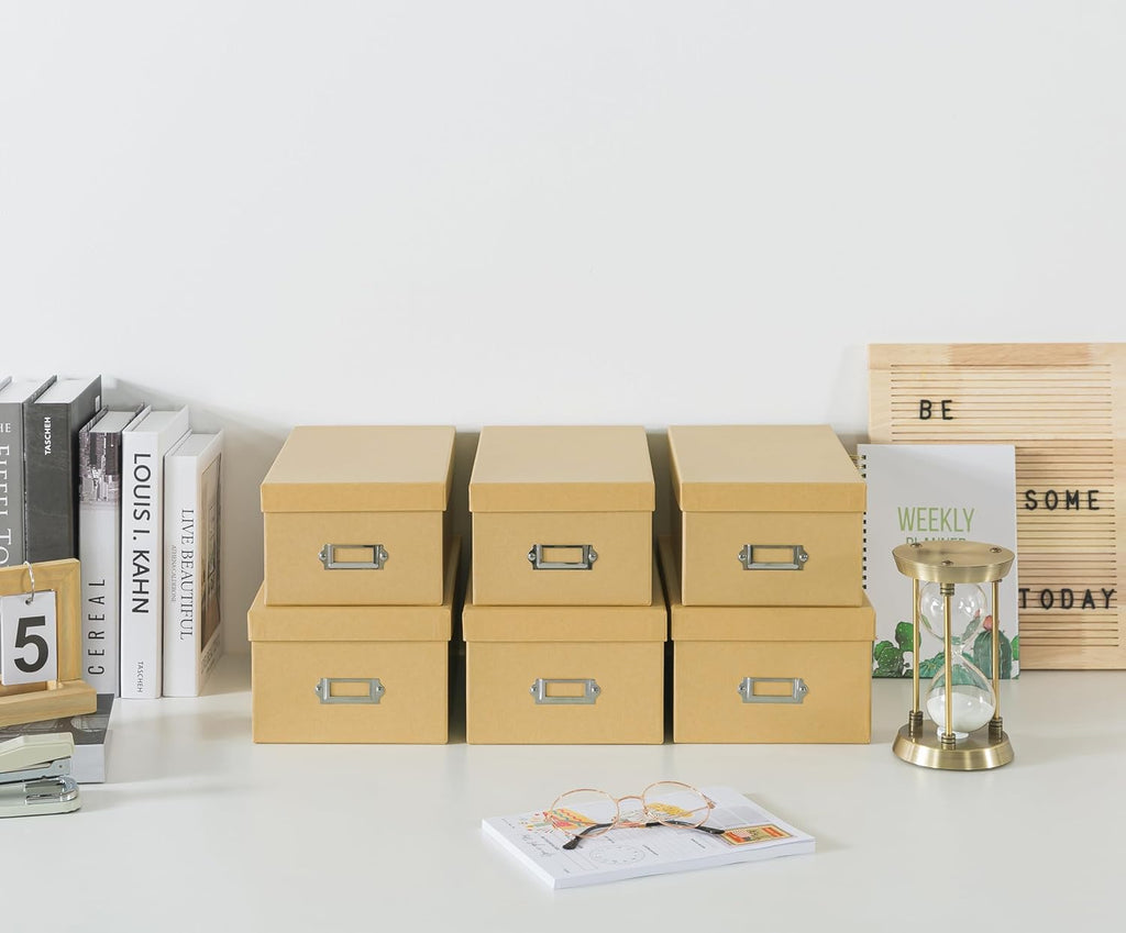 Soul & Lane Kraft Storage Boxes - Set of 6 (3 Large, 3 Medium), Keepsake Memory Storage Boxes with Lids, Cardboard Organizers with Label Holders for Photos, Crafts, Decoupage & Collectibles