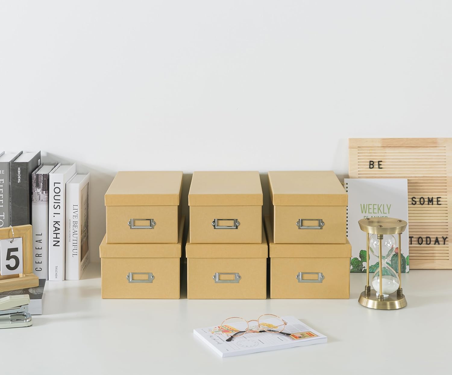 Soul & Lane Kraft Storage Boxes - Set of 6 (3 Large, 3 Medium), Keepsake Memory Storage Boxes with Lids, Cardboard Organizers with Label Holders for Photos, Crafts, Decoupage & Collectibles