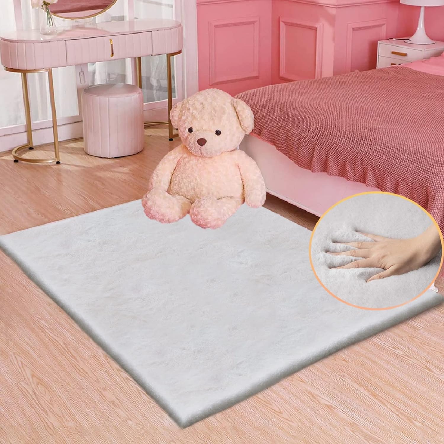 ORINOVA Pink Washable Fluffy 5x8 Area Rugs for Bedroom Plush Faux Rabbit Shag Fur Rug for Living Room Nursery Rug
