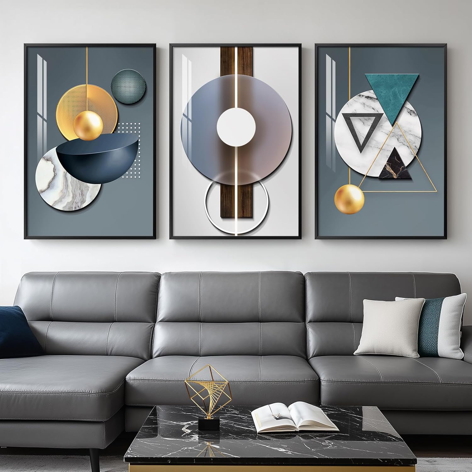 Large Framed Modern Luxury Gold Wall Art for Living Room, 3 Piece Bright Style Art Prints Paintings Artwork for Walls, Bronze Gold Geometric Pictures for Hallway Stair Office Wall Decor 24x36 In