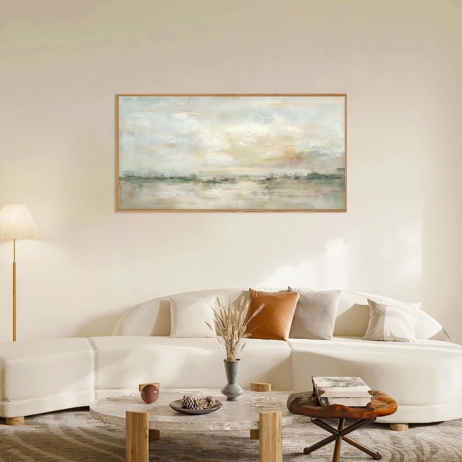 LHIUEM Large Abstract Green Gray Pastel Framed Canvas Wall Art,Neutral Landscape Wall Decor,Modern Watercolor Lake Artwork,Beige Textured Illustrations Art for Living Room,Bedroom,Office- 20"x40"x1