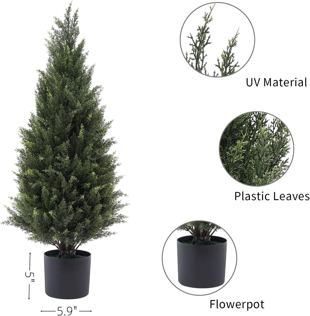 3ft(35”) Artificial Cedar Outdoor Artificial Shrub Sunlight Resistant Leafy Potted Plant for Indoor Porch of Home and Office Artificial Outdoor Tree 2 Pieces a Set Topiary Trees