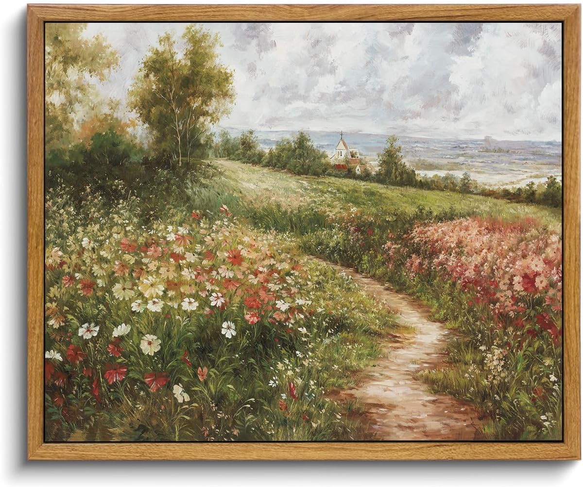 OIQArtOIQ Framed Canvas Wall Art,Vintage Decor,Landscape Nature Country Wildflower Paintings Farmhouse Pictures Modern Artwork Rustic Fall Flower Prints Cottagecore Office Living Room Bedroom Bathroom