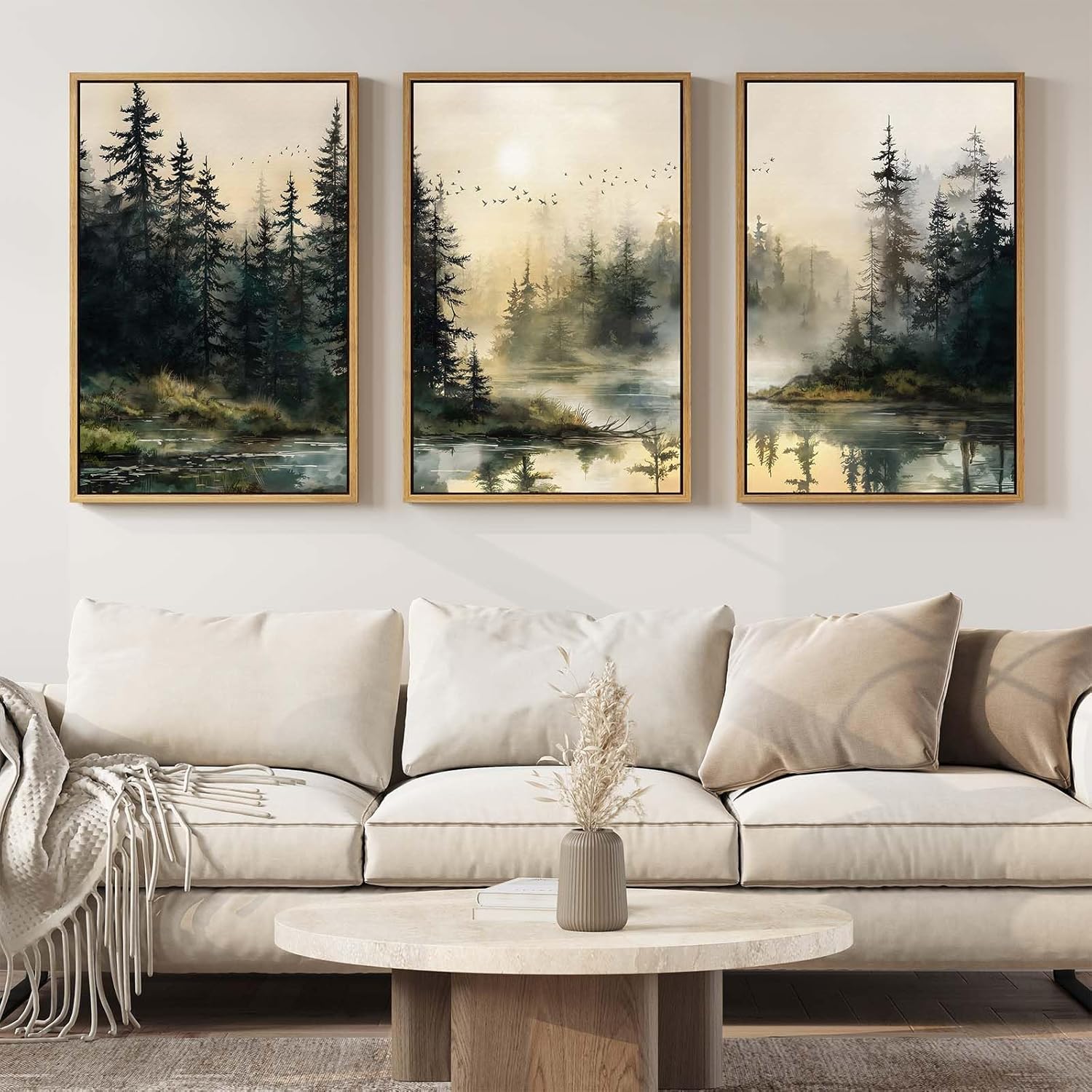 Large Vintage Framed Neutral Landscape Wall Art for Living Rooms, 3 Piece Retro Big Tree Sketch Botanical Forest Antique Canvas Artwork Set, Rustic Nature Wabi Sabi Art Prints for Hallway Home Office 24x36 Inch