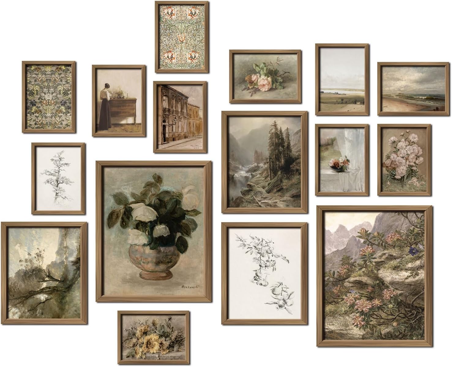 ANERZA 16 PCS Framed Vintage Wall Art Decor, Botanical Cottagecore Wall Prints for Bedroom, Gallery Wall Frame Set, Farmhouse Posters for Living Room Aesthetic, Rustic Dorm Home Collage Kit