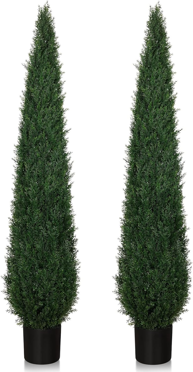 Artificial Cedar Topiary Trees, 5FT UV Resistant Topiary Trees Artificial Outdoors, Realistic Pre-Potted Faux Cypress Plants for Outdoor Porch, Home Entryway, and Garden Decor, Set of 2