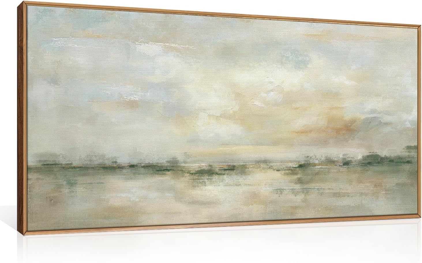 LHIUEM Large Abstract Green Gray Pastel Framed Canvas Wall Art,Neutral Landscape Wall Decor,Modern Watercolor Lake Artwork,Beige Textured Illustrations Art for Living Room,Bedroom,Office- 20"x40"x1