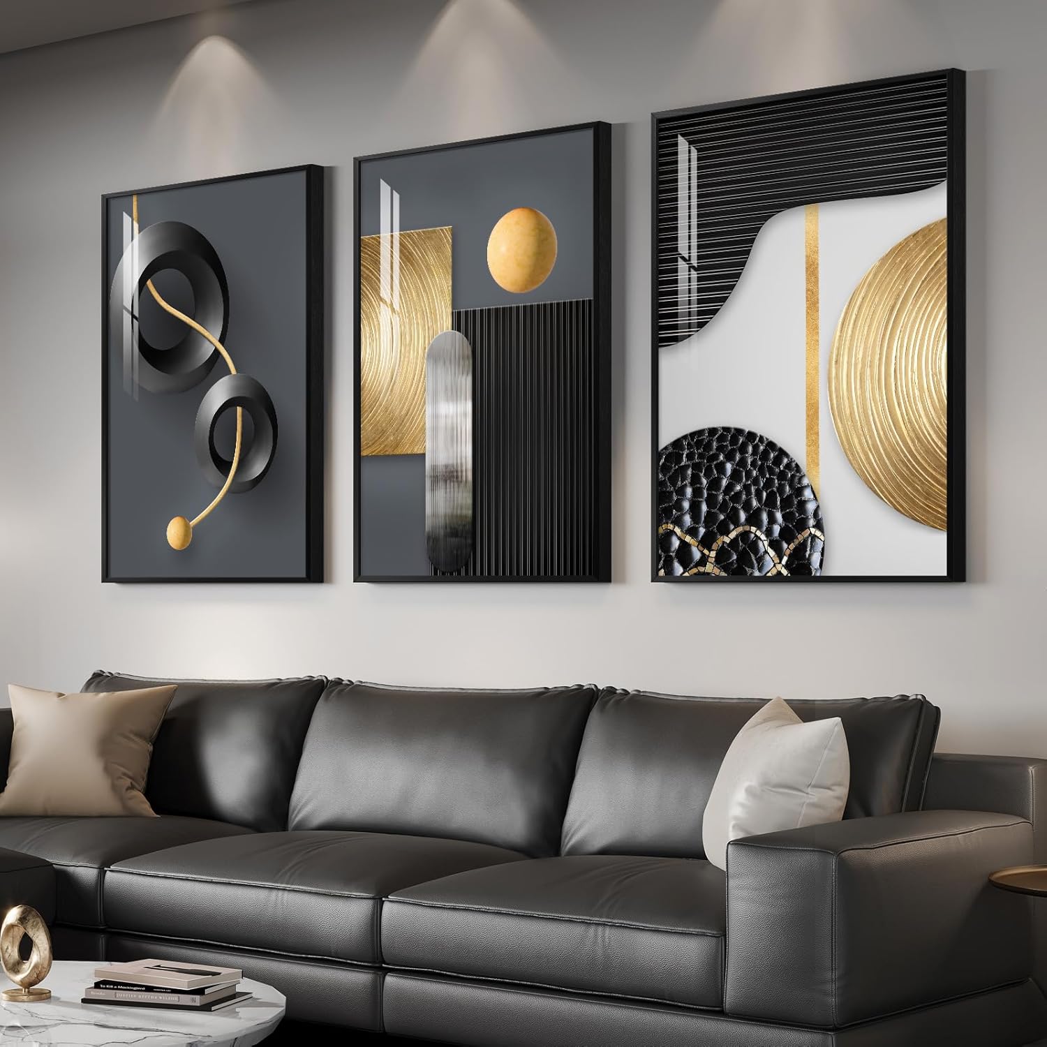 Large Framed Modern Luxury Gold Wall Art for Living Room, 3 Piece Bright Style Art Prints Paintings Artwork for Walls, Bronze Gold Geometric Pictures for Hallway Stair Office Wall Decor 24x36 In