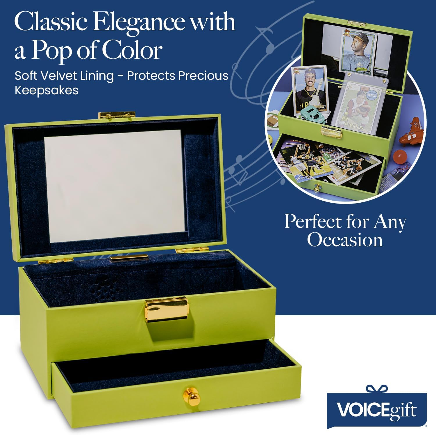 VOICEGIFT Memory Box, Recordable Memory Box with Removable Voice Recorder Module, Decorative Keepsake Box for Photos & Jewelry, Record and Re-record 60-Second Personal Messages | Green