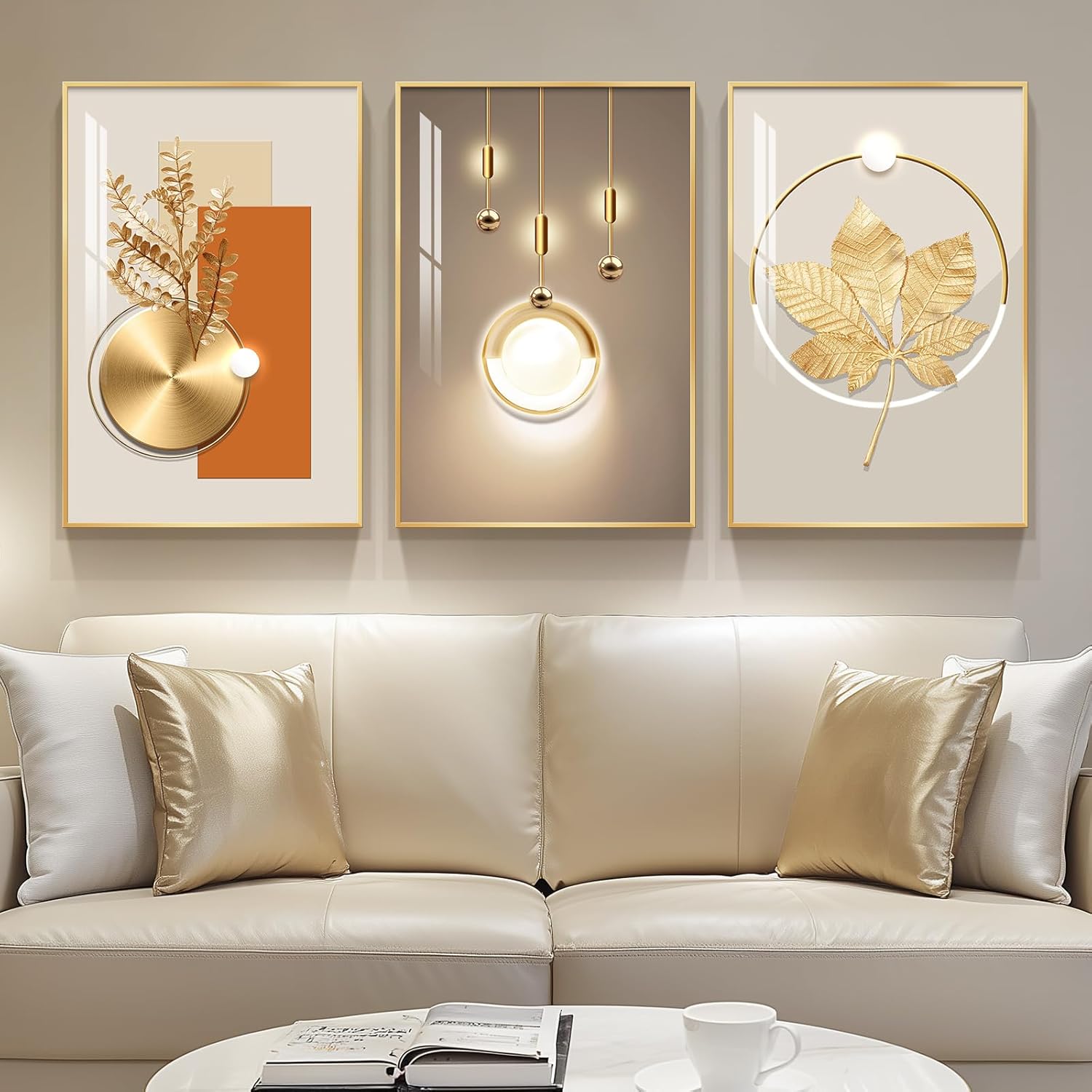 Large Framed Modern Luxury Gold Wall Art for Living Room, 3 Piece Bright Style Art Prints Paintings Artwork for Walls, Bronze Gold Geometric Pictures for Hallway Stair Office Wall Decor 24x36 In