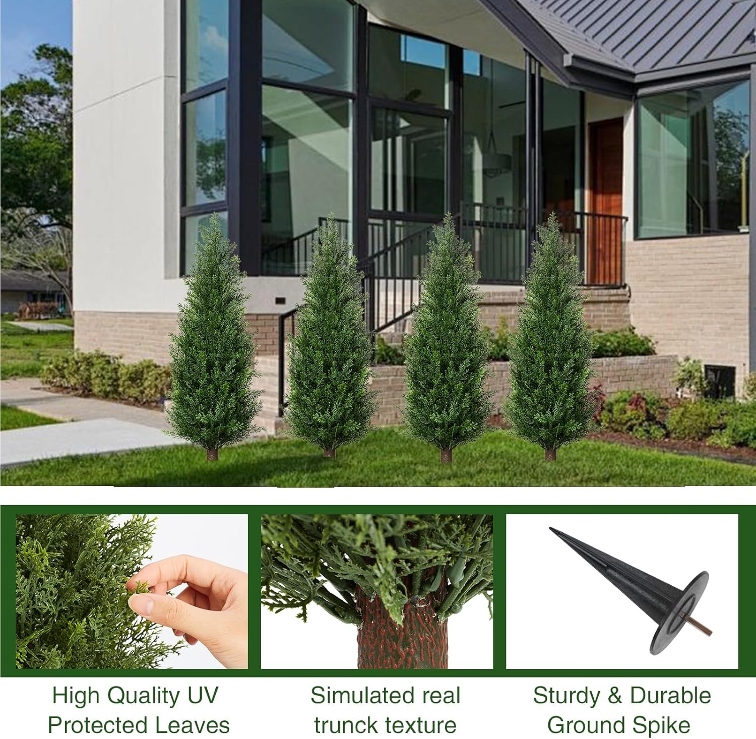 3FT Artificial Cedar Topiary Trees with Ground Spike, Set of 2 UV Resistant Fake Evergreen Bushes Shrubs Trees Artificial Plants Realistic Faux Cypress Plants for Indoor Outdoor Front Porch Garden