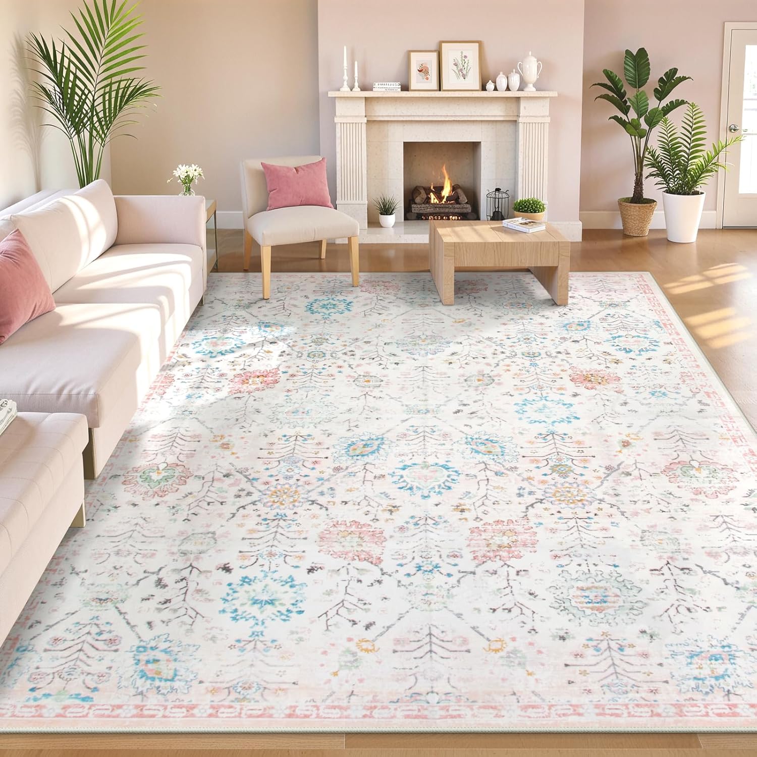 Lahome Pink Boho Area Rug, 8x10 Washable Rugs for Bedroom Girls Living Room, Soft Blush Floral Non Slip Pastel Thin Floor Carpet for Classroom Playroom Home Decor