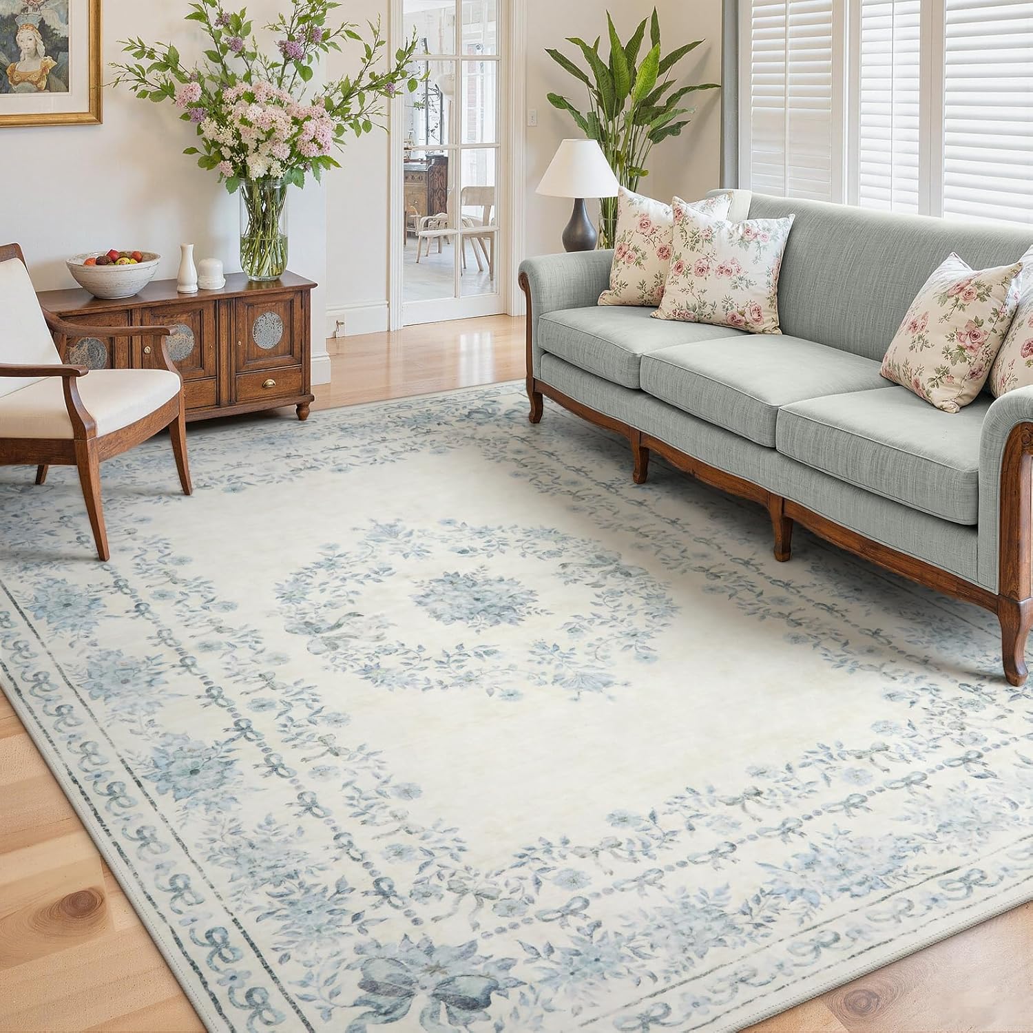 Wonnitar Floral Bow Print 8x10 Area Rugs, Washable Pink Rugs for Bedroom Girls, Boho Ultra-Thin Soft Non Slip Carpet for Nursery Living Room Kids Room Classroom Decor, Light Pink