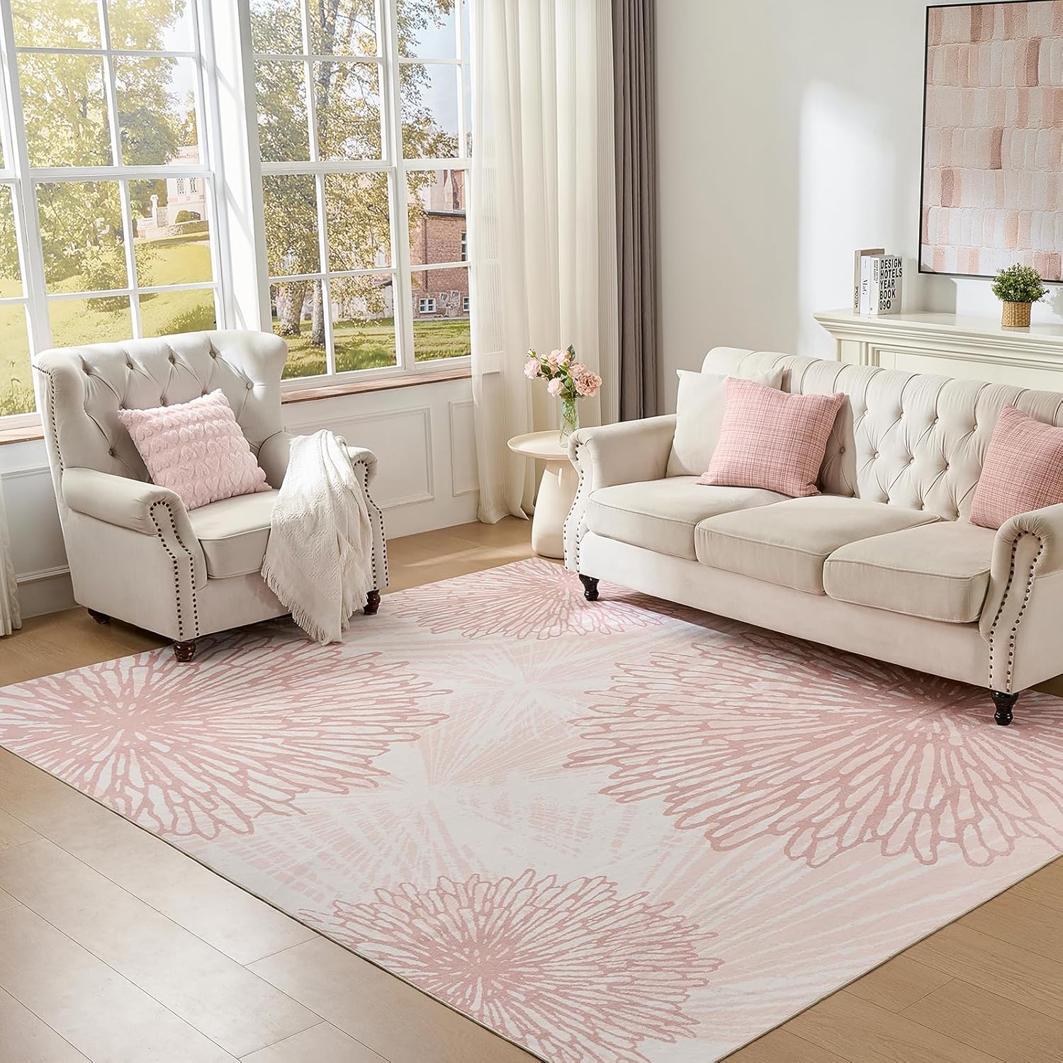WITSHOCK Pink Rugs 9x12 for Bedroom Girls,Floral Modern Distress Print Pattern Carpet for Living Room Dining Room,Stain Resistant Anti Slip Backing Rugs for Kids Room Nursery Playroom,Light Pink