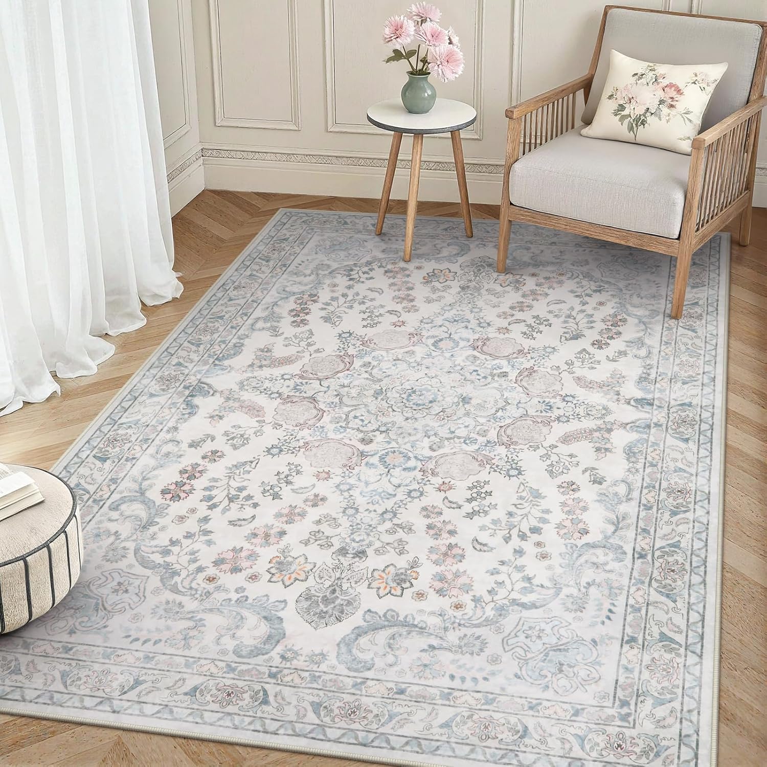 Wonnitar Floral Bow Print 8x10 Area Rugs, Washable Pink Rugs for Bedroom Girls, Boho Ultra-Thin Soft Non Slip Carpet for Nursery Living Room Kids Room Classroom Decor, Light Pink