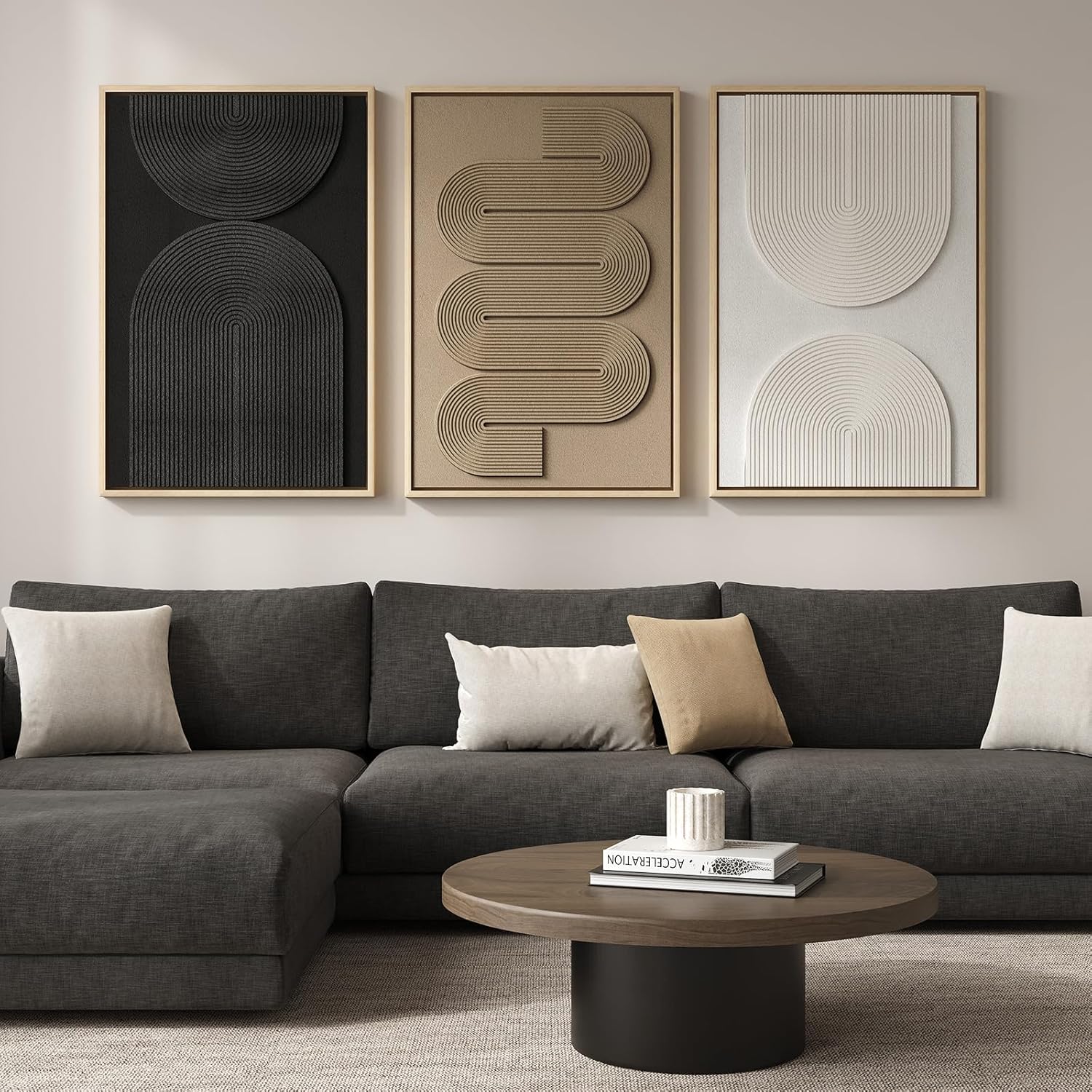 Large 3D Textured Framed Boho Neutral Abstract Wall Art for Living Room, 3 Piece Modern Paintings Artwork for Walls, Black White Brown Minimalist Geometric Pictures for Hallway Office Wall Decor 24x36 In