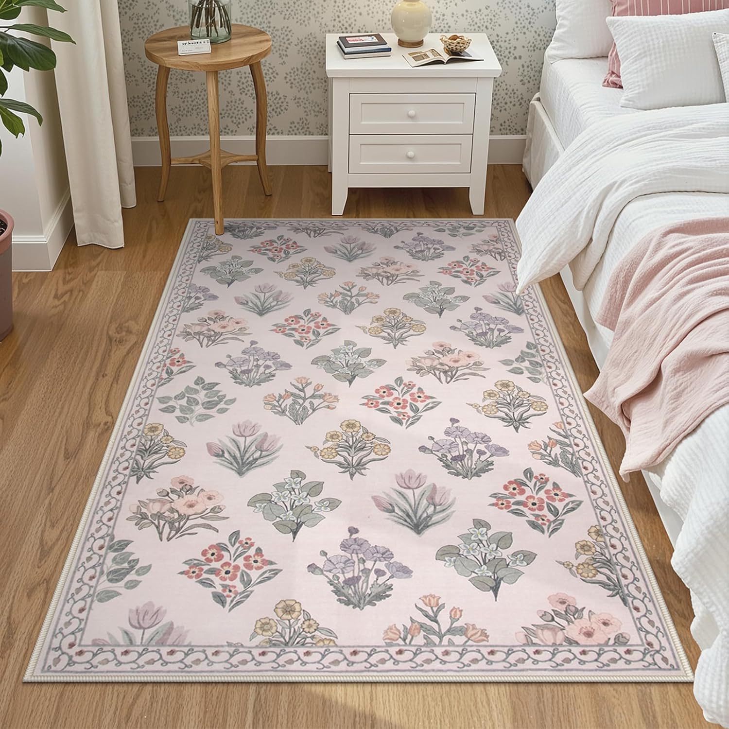 Wonnitar Floral Bow Print 8x10 Area Rugs, Washable Pink Rugs for Bedroom Girls, Boho Ultra-Thin Soft Non Slip Carpet for Nursery Living Room Kids Room Classroom Decor, Light Pink