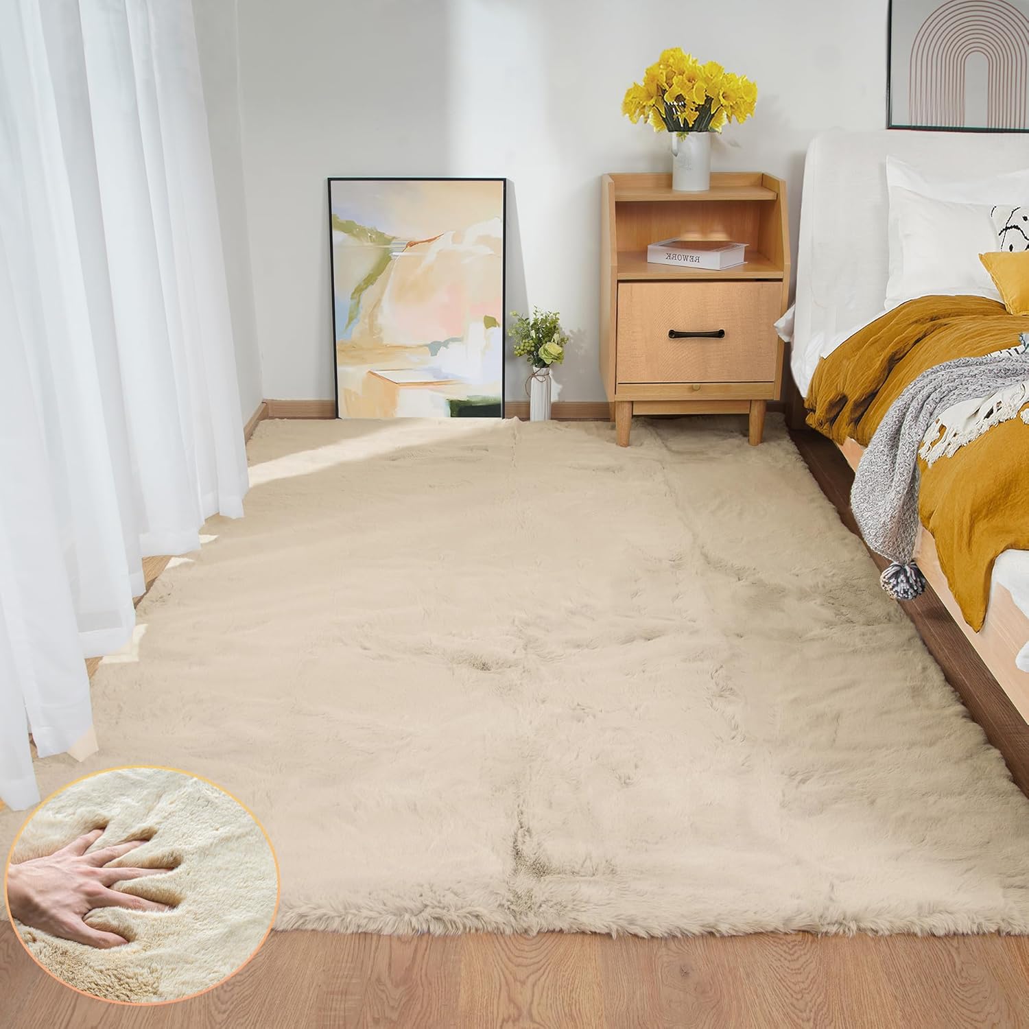 ORINOVA Pink Washable Fluffy 5x8 Area Rugs for Bedroom Plush Faux Rabbit Shag Fur Rug for Living Room Nursery Rug