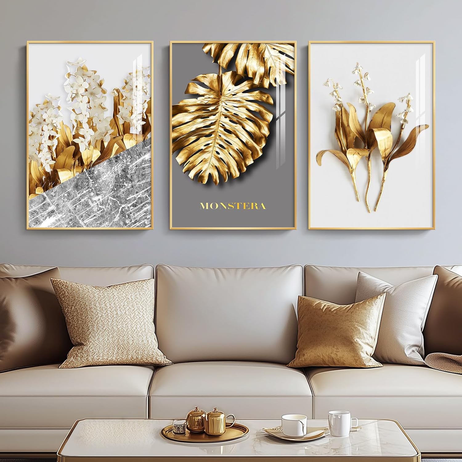 Large Framed Modern Luxury Gold Wall Art for Living Room, 3 Piece Bright Style Art Prints Paintings Artwork for Walls, Bronze Gold Geometric Pictures for Hallway Stair Office Wall Decor 24x36 In