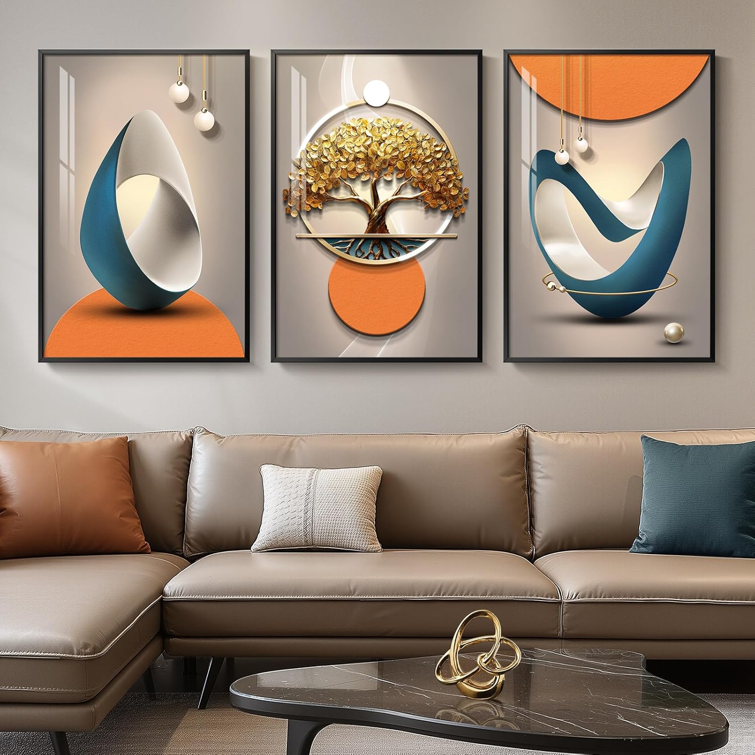 Large Framed Modern Luxury Gold Wall Art for Living Room, 3 Piece Bright Style Art Prints Paintings Artwork for Walls, Bronze Gold Geometric Pictures for Hallway Stair Office Wall Decor 24x36 In
