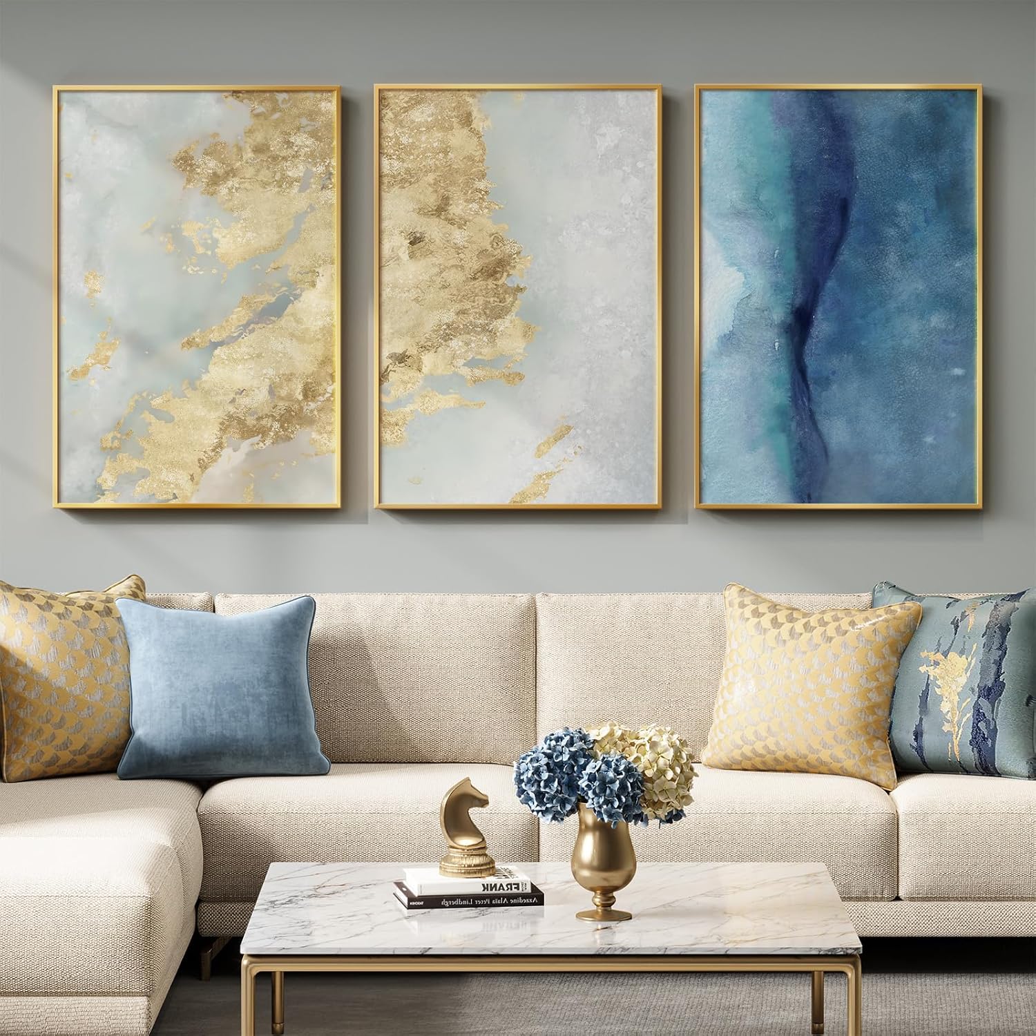 Large Framed Blue and Grey Abstract Wall Art for Living Room, 3 Piece Modern Canvas Prints Paintings Artwork for Walls, Minimalist Abstract Pictures Wall Decor for Hallway Office Bedroom 24x36 In