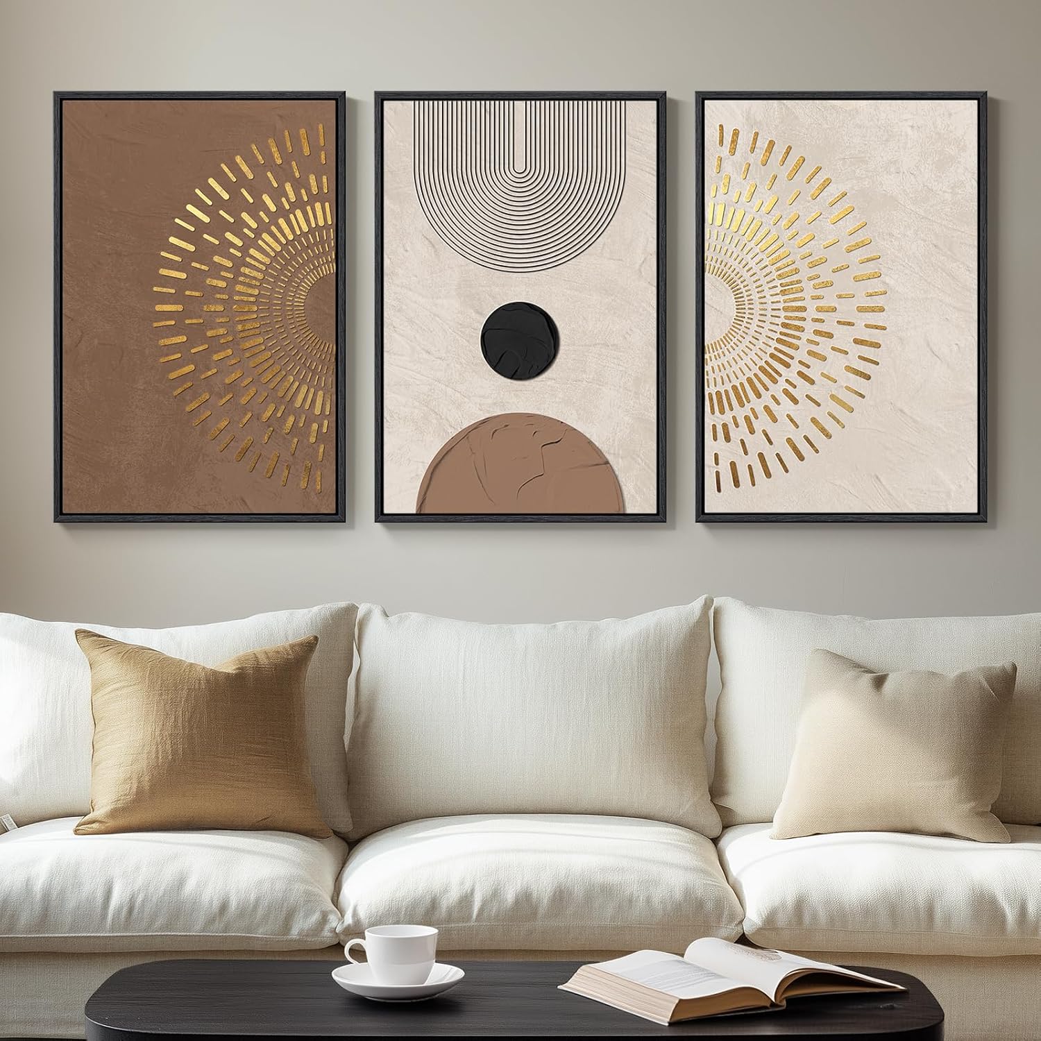 Large Framed Neutral Abstract Wall Art for Living Room, 3 Piece Modern Canvas Prints Paintings Artwork for Walls, Black and Beige Pictures for Living Room Hallway Stair Office Wall Decor 24x36 Inch