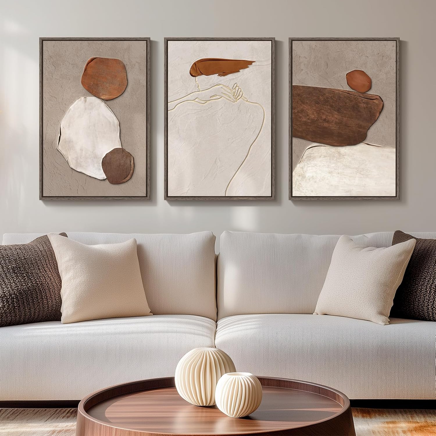 Large Framed Neutral Abstract Wall Art for Living Room, 3 Piece Modern Canvas Prints Paintings Artwork for Walls, Black and Beige Pictures for Living Room Hallway Stair Office Wall Decor 24x36 Inch