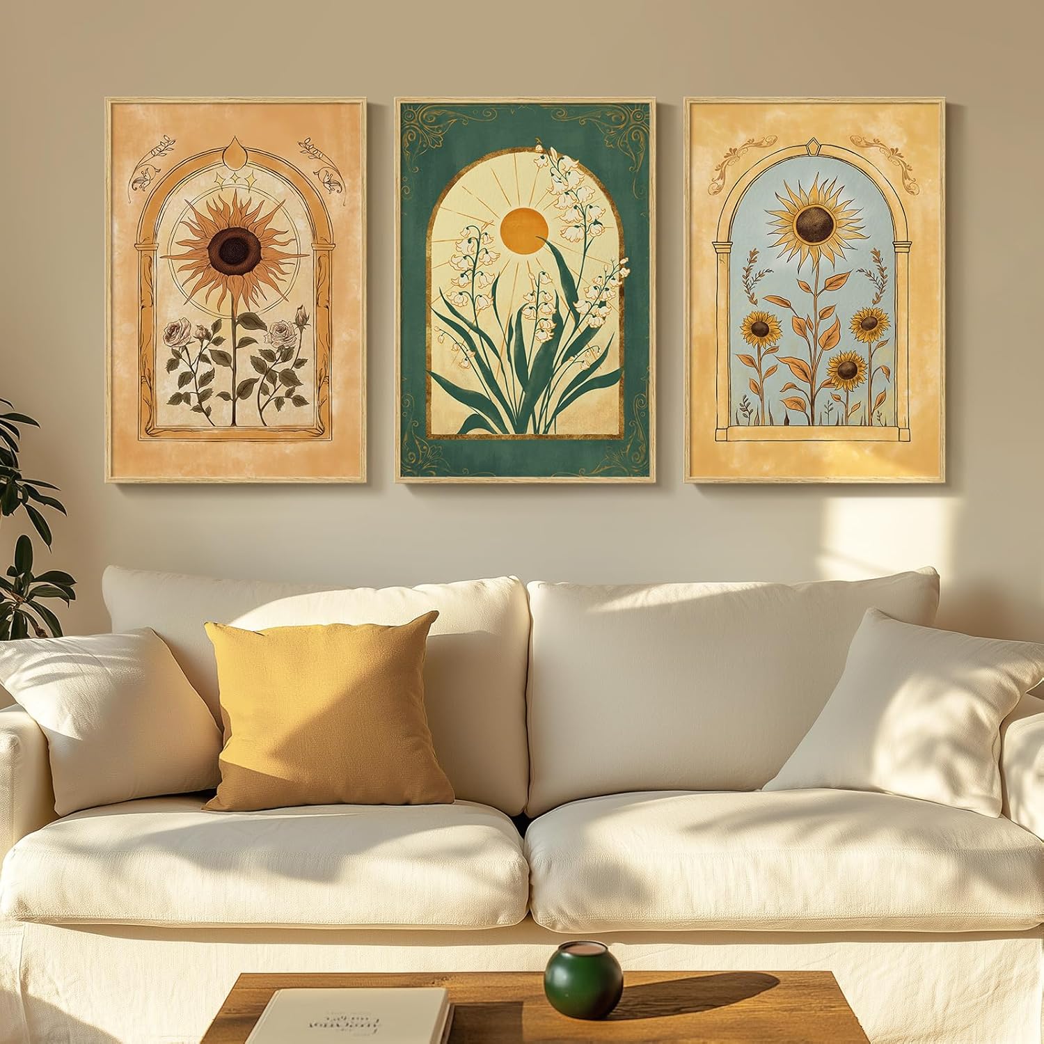 Framed Sage Green Boho Wall Art for Living Room, 3 Piece Minimalist Beige and Green Bohemian Artwork for Walls, Large Geometric Leaf Line Boho Paintings Prints for Bedroom Hallway Wall Decor, 16x24 In