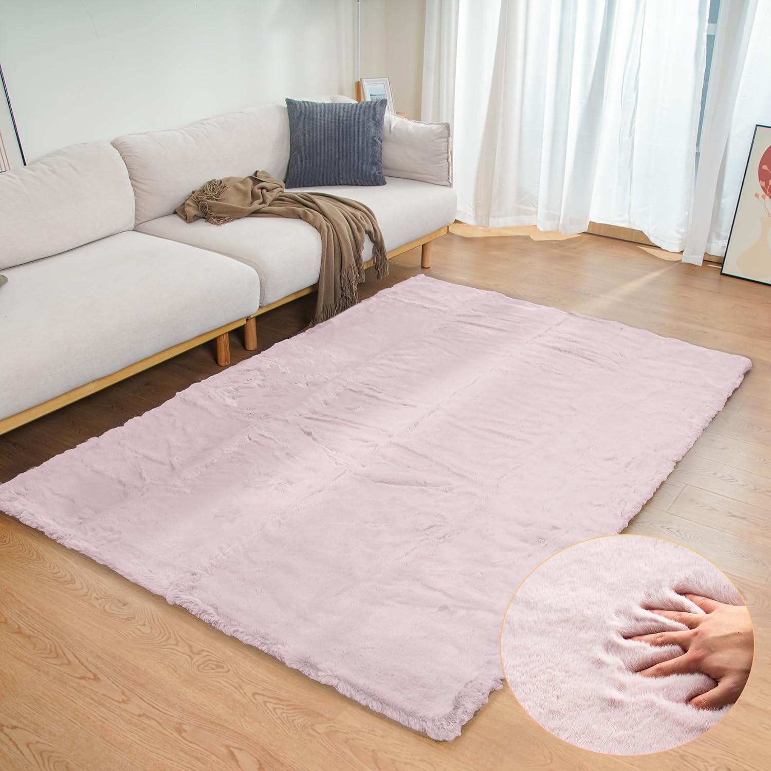 ORINOVA Pink Washable Fluffy 5x8 Area Rugs for Bedroom Plush Faux Rabbit Shag Fur Rug for Living Room Nursery Rug