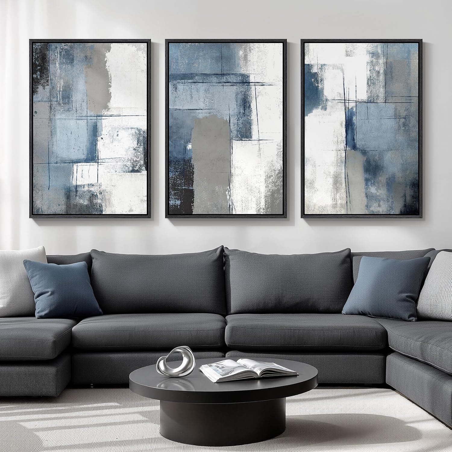 Large Framed Blue and Grey Abstract Wall Art for Living Room, 3 Piece Modern Canvas Prints Paintings Artwork for Walls, Minimalist Abstract Pictures Wall Decor for Hallway Office Bedroom 24x36 In