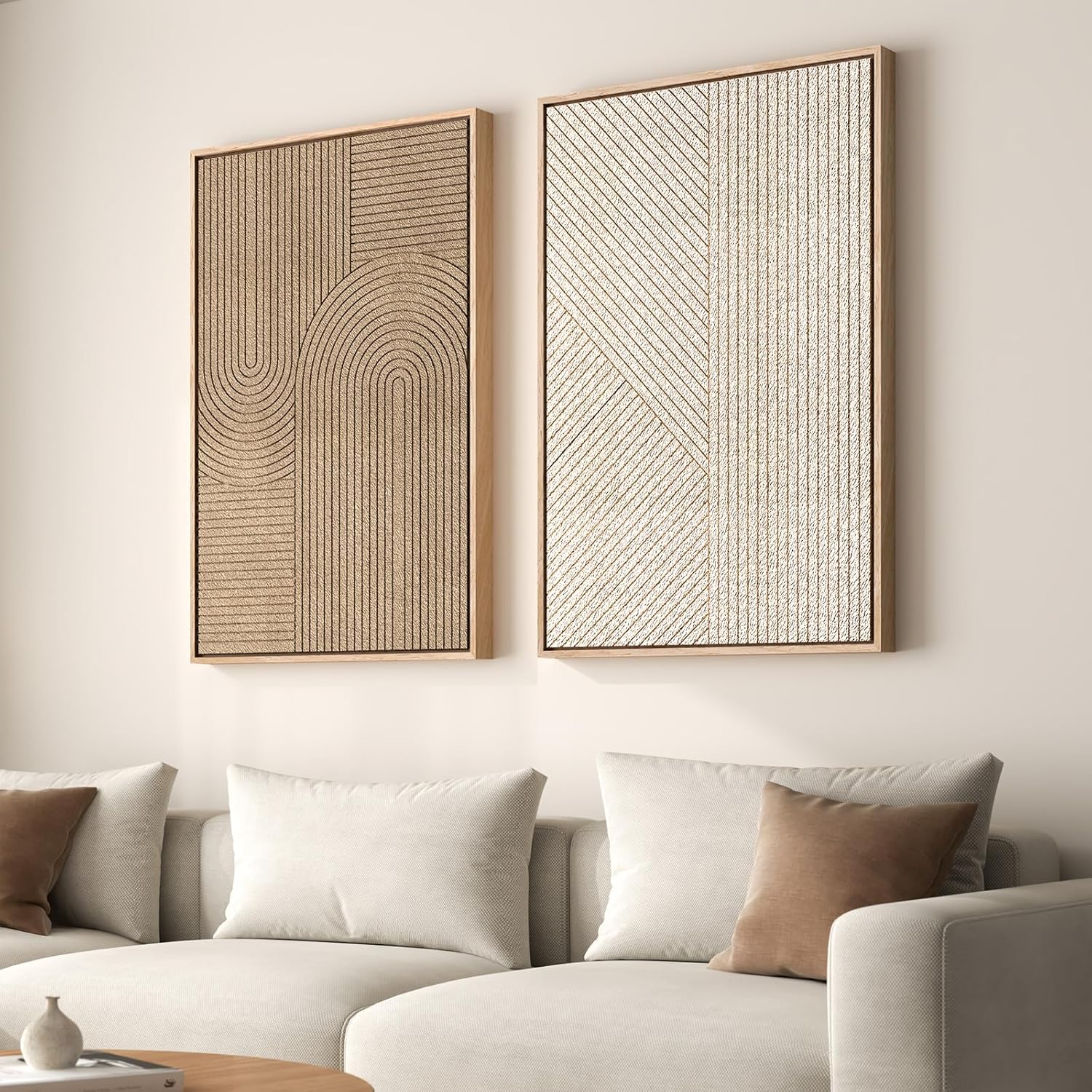 Large 3D Textured Framed Boho Neutral Abstract Wall Art for Living Room, 3 Piece Modern Paintings Artwork for Walls, Black White Brown Minimalist Geometric Pictures for Hallway Office Wall Decor 24x36 In