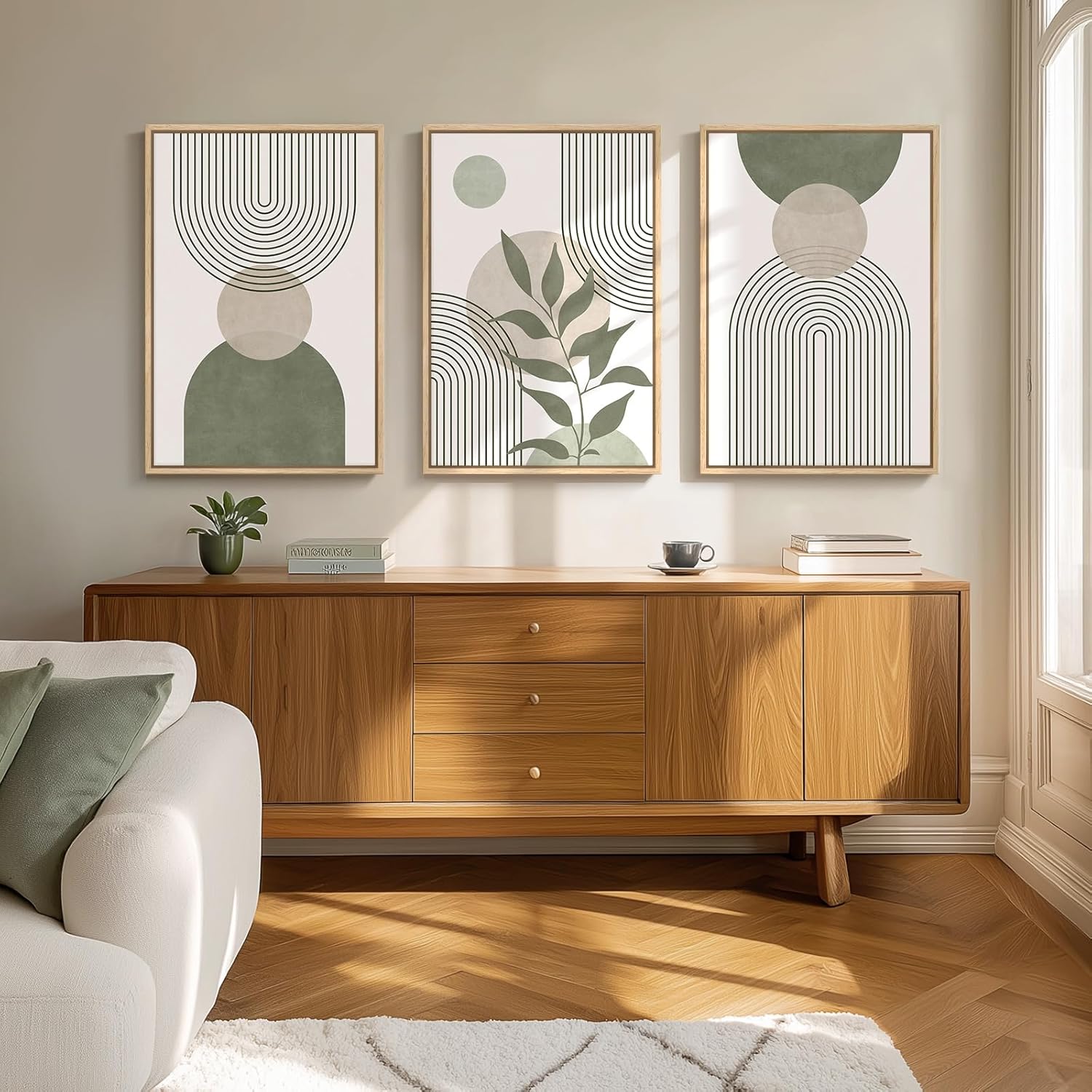 Framed Sage Green Boho Wall Art for Living Room, 3 Piece Minimalist Beige and Green Bohemian Artwork for Walls, Large Geometric Leaf Line Boho Paintings Prints for Bedroom Hallway Wall Decor, 16x24 In