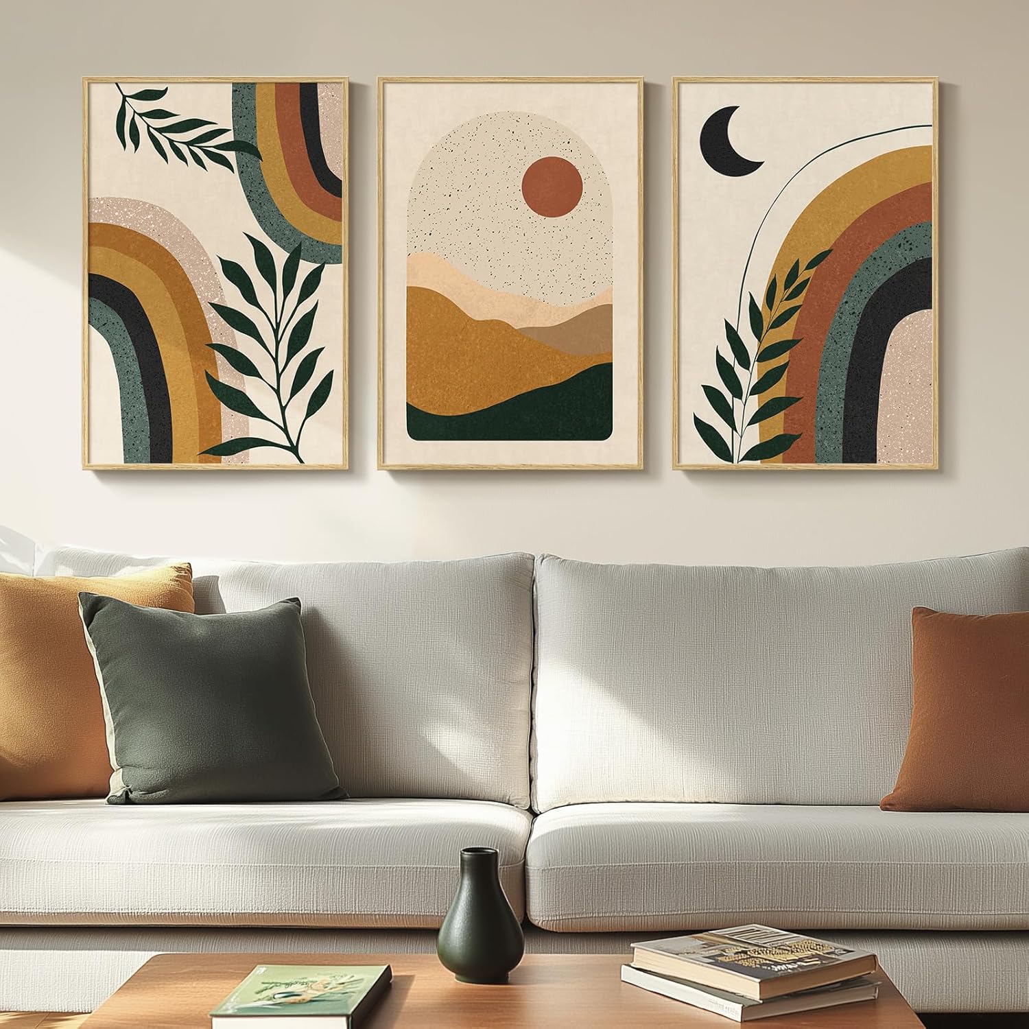 Framed Sage Green Boho Wall Art for Living Room, 3 Piece Minimalist Beige and Green Bohemian Artwork for Walls, Large Geometric Leaf Line Boho Paintings Prints for Bedroom Hallway Wall Decor, 16x24 In