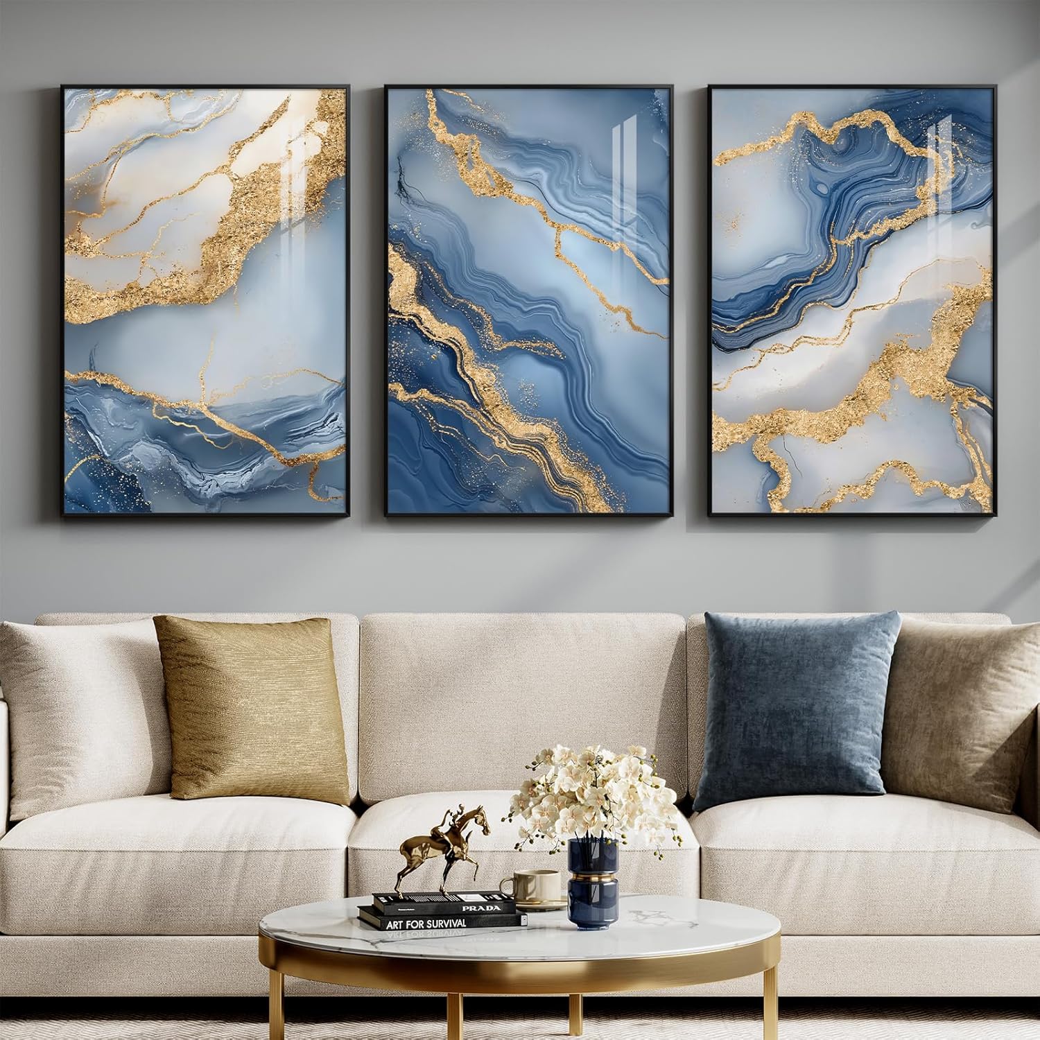 Large Framed Blue and Grey Abstract Wall Art for Living Room, 3 Piece Modern Canvas Prints Paintings Artwork for Walls, Minimalist Abstract Pictures Wall Decor for Hallway Office Bedroom 24x36 In