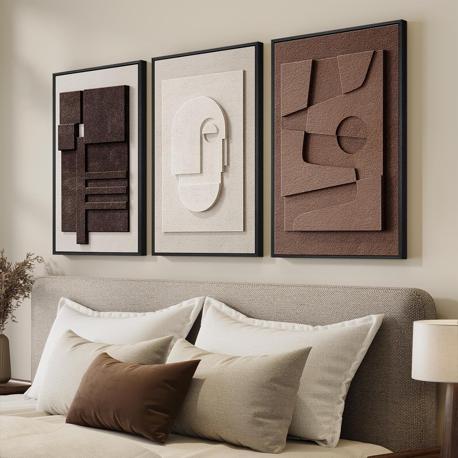 Large 3D Textured Framed Boho Neutral Abstract Wall Art for Living Room, 3 Piece Modern Paintings Artwork for Walls, Black White Brown Minimalist Geometric Pictures for Hallway Office Wall Decor 24x36 In