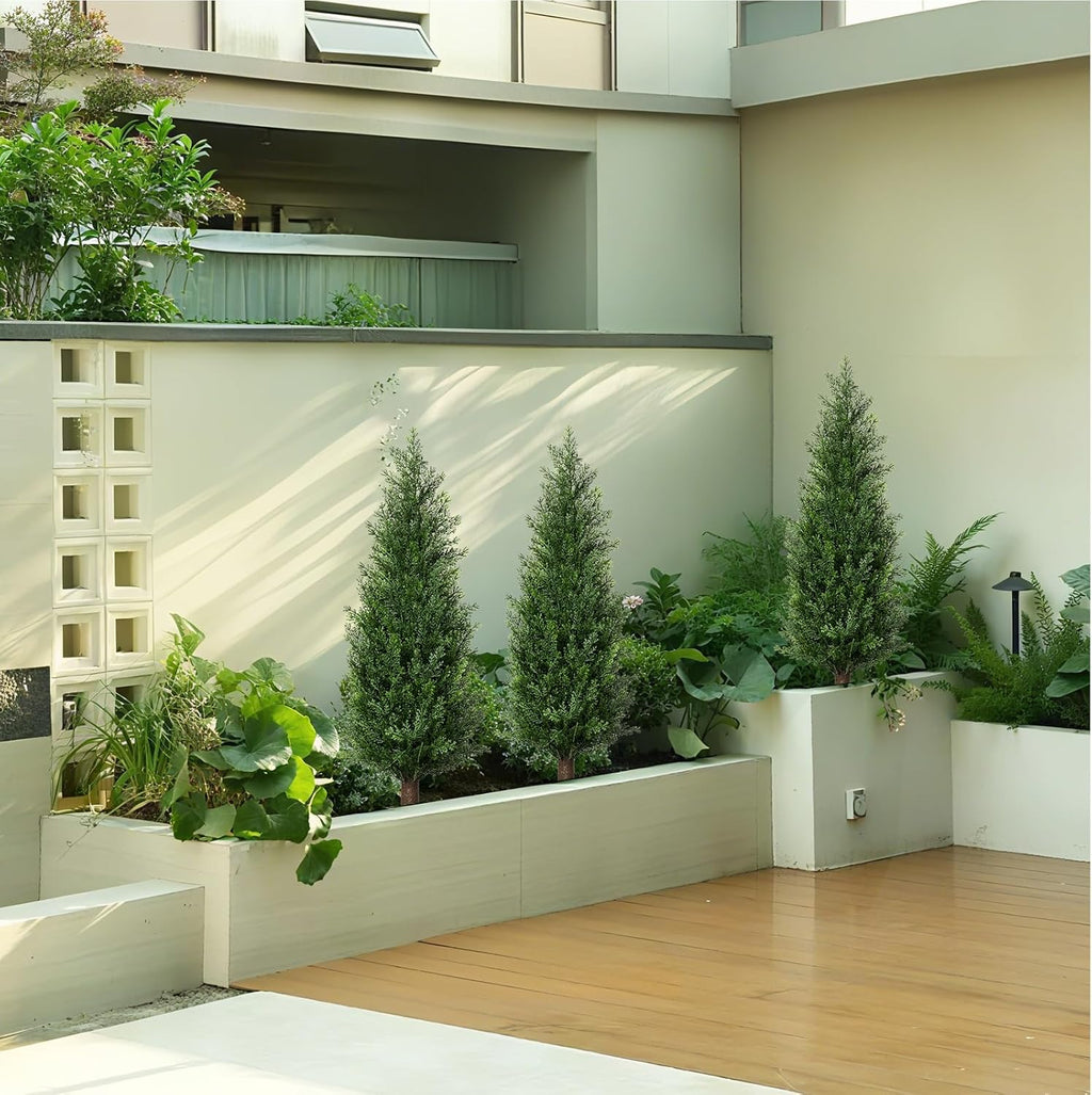 3FT Artificial Cedar Topiary Trees with Ground Spike, Set of 2 UV Resistant Fake Evergreen Bushes Shrubs Trees Artificial Plants Realistic Faux Cypress Plants for Indoor Outdoor Front Porch Garden