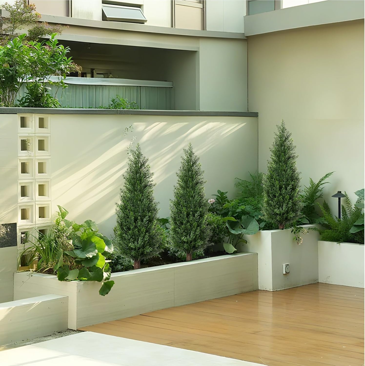 3FT Artificial Cedar Topiary Trees with Ground Spike, Set of 2 UV Resistant Fake Evergreen Bushes Shrubs Trees Artificial Plants Realistic Faux Cypress Plants for Indoor Outdoor Front Porch Garden