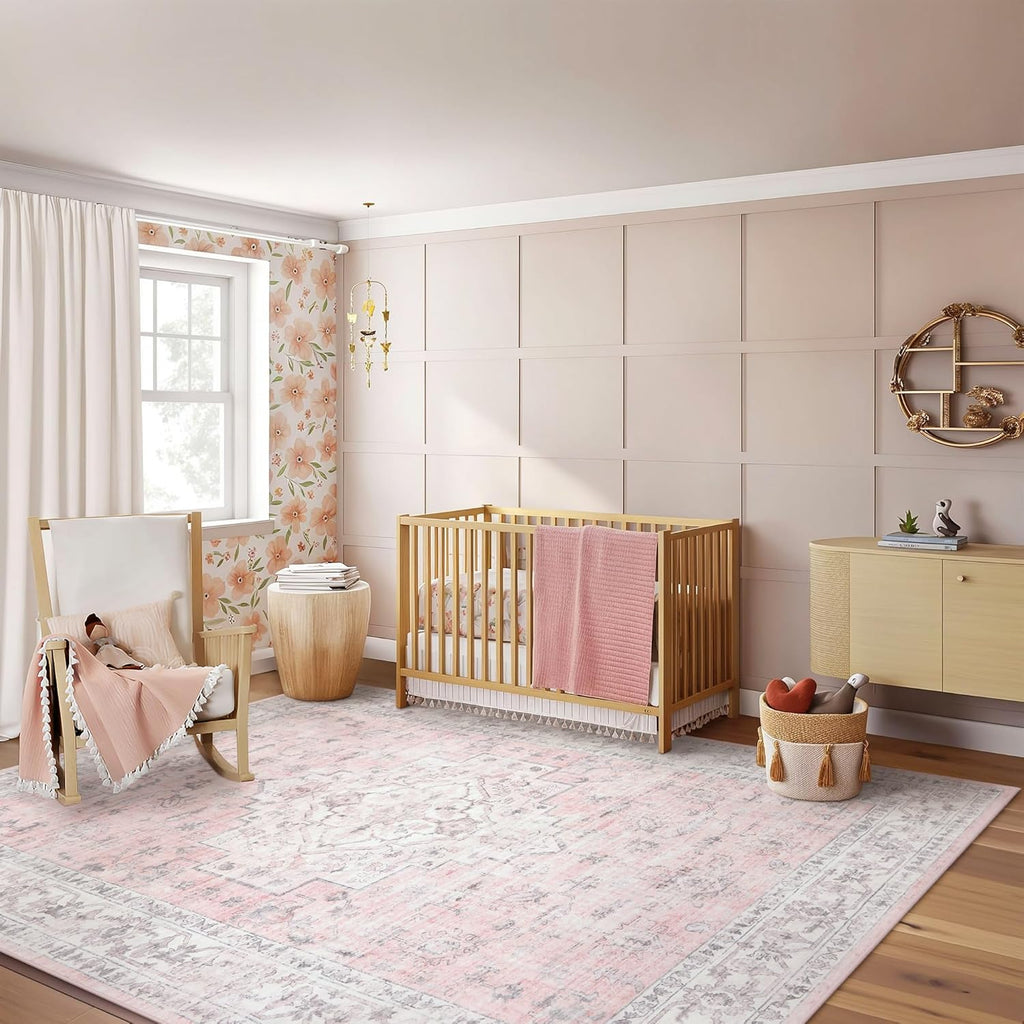 LIVEBOX Pink 8x10 Area Rug for Bedroom Girls, Boho Washable Rugs for Living Room Nursery, Non-Slip Indoor Soft Carpet Low-Pile Farmhouse Carpets for Dining Room Kids Playroom, Pink