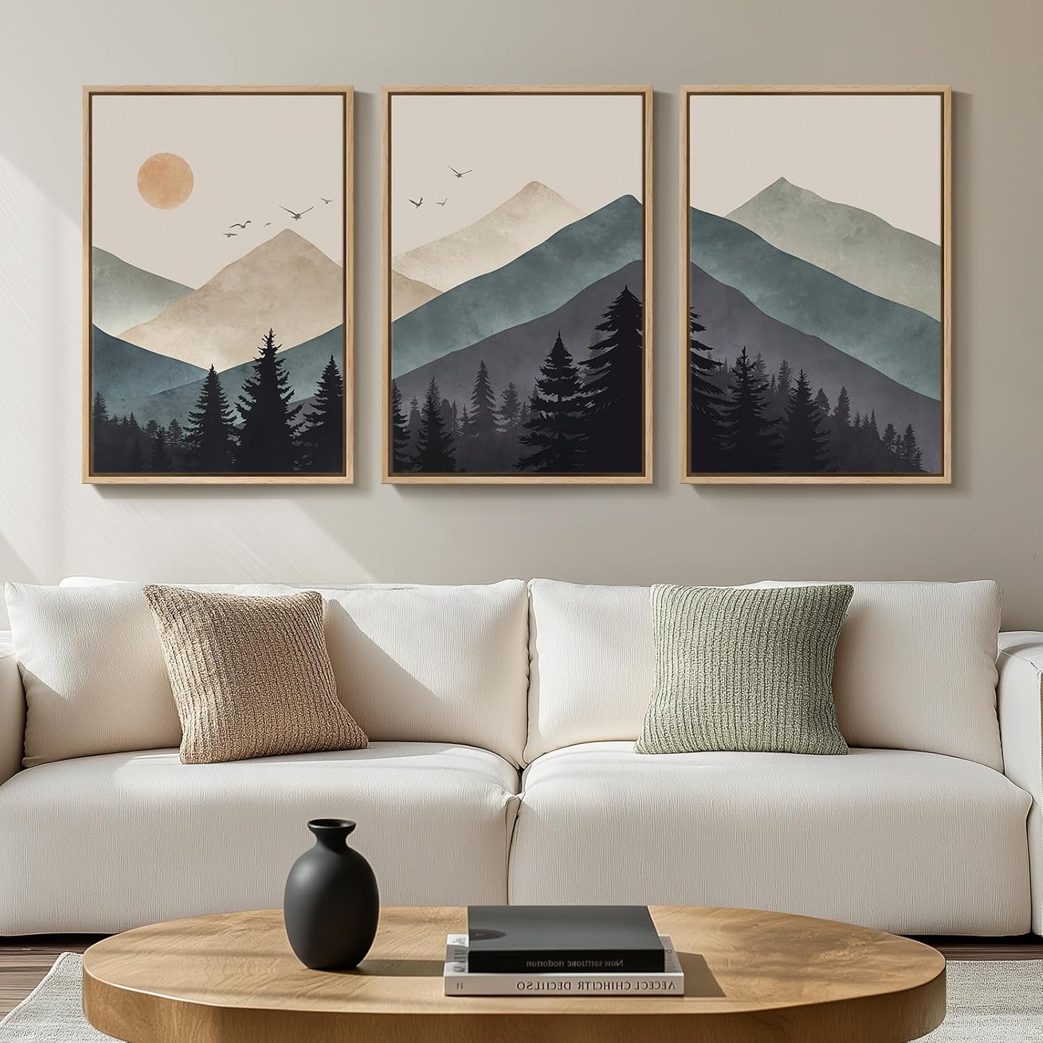 Large Vintage Framed Neutral Landscape Wall Art for Living Rooms, 3 Piece Retro Big Tree Sketch Botanical Forest Antique Canvas Artwork Set, Rustic Nature Wabi Sabi Art Prints for Hallway Home Office 24x36 Inch