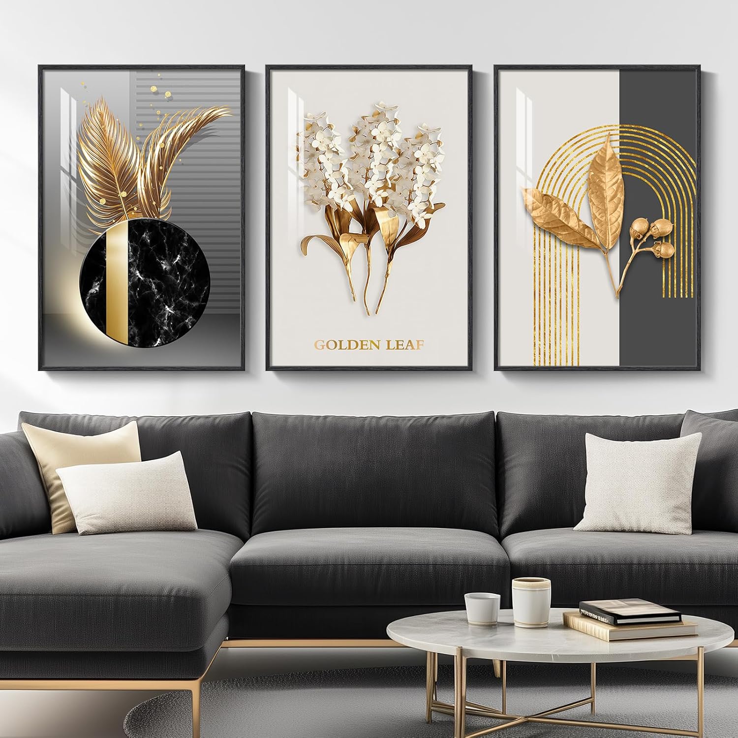 Large Framed Modern Luxury Gold Wall Art for Living Room, 3 Piece Bright Style Art Prints Paintings Artwork for Walls, Bronze Gold Geometric Pictures for Hallway Stair Office Wall Decor 24x36 In