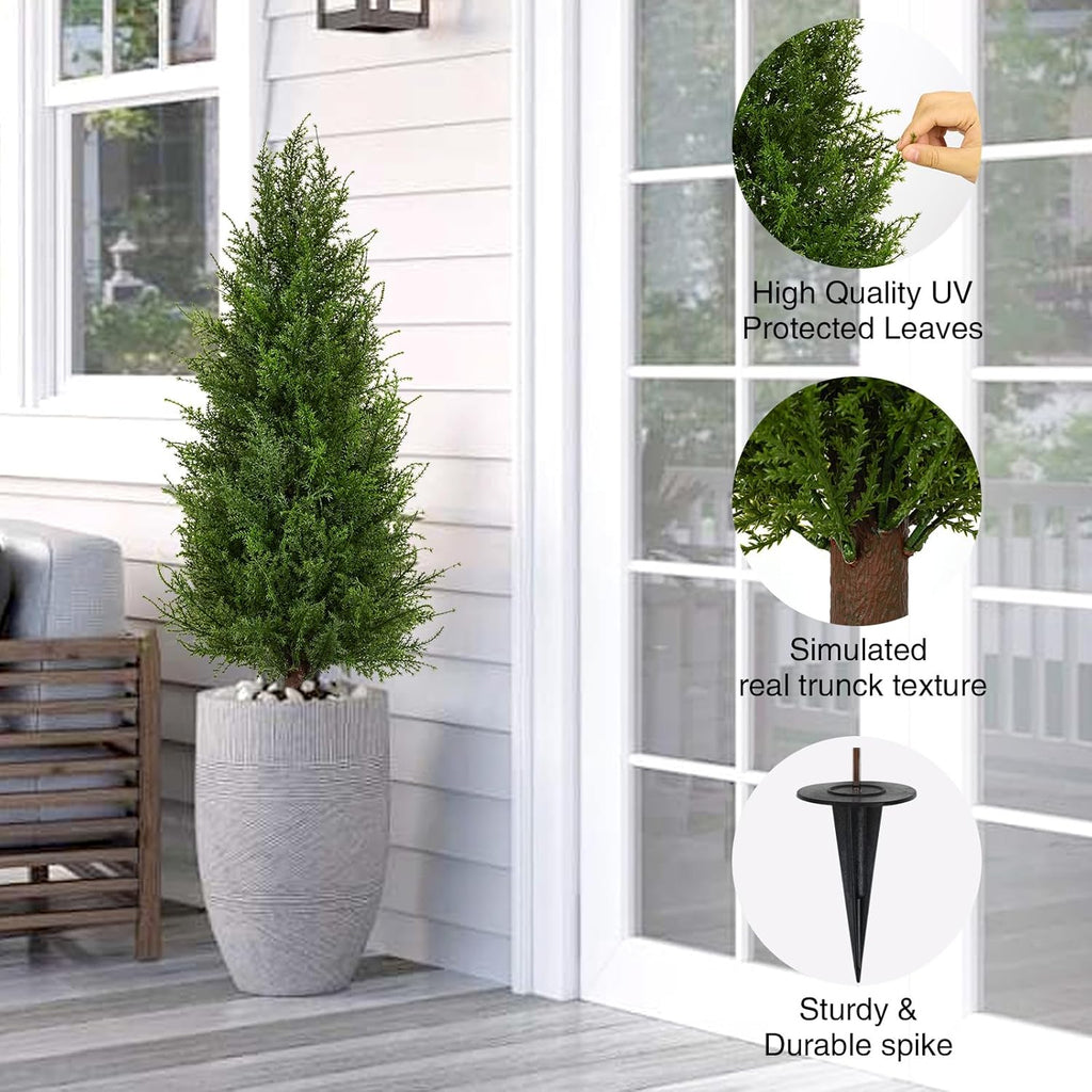 2 Pack 3ft Artificial Cedar Topiary Trees with Ground Spike, Realistic Fake Plants Tree UV Resistant Artificial Plants Indoor Outdoor Faux Plants Evergreen Bushes Shrubs for Porch Garden Office