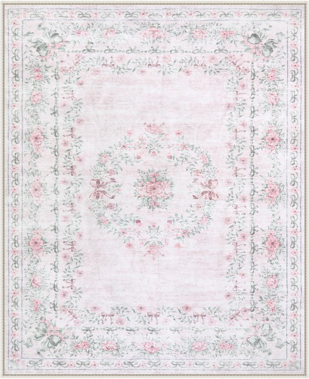 Wonnitar Floral Bow Print 8x10 Area Rugs, Washable Pink Rugs for Bedroom Girls, Boho Ultra-Thin Soft Non Slip Carpet for Nursery Living Room Kids Room Classroom Decor, Light Pink