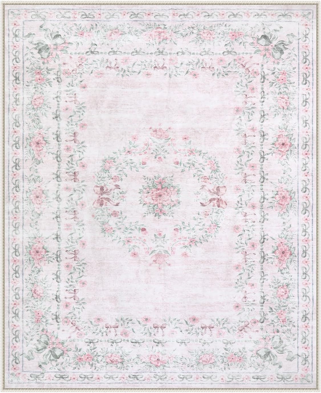 Wonnitar Floral Bow Print 8x10 Area Rugs, Washable Pink Rugs for Bedroom Girls, Boho Ultra-Thin Soft Non Slip Carpet for Nursery Living Room Kids Room Classroom Decor, Light Pink