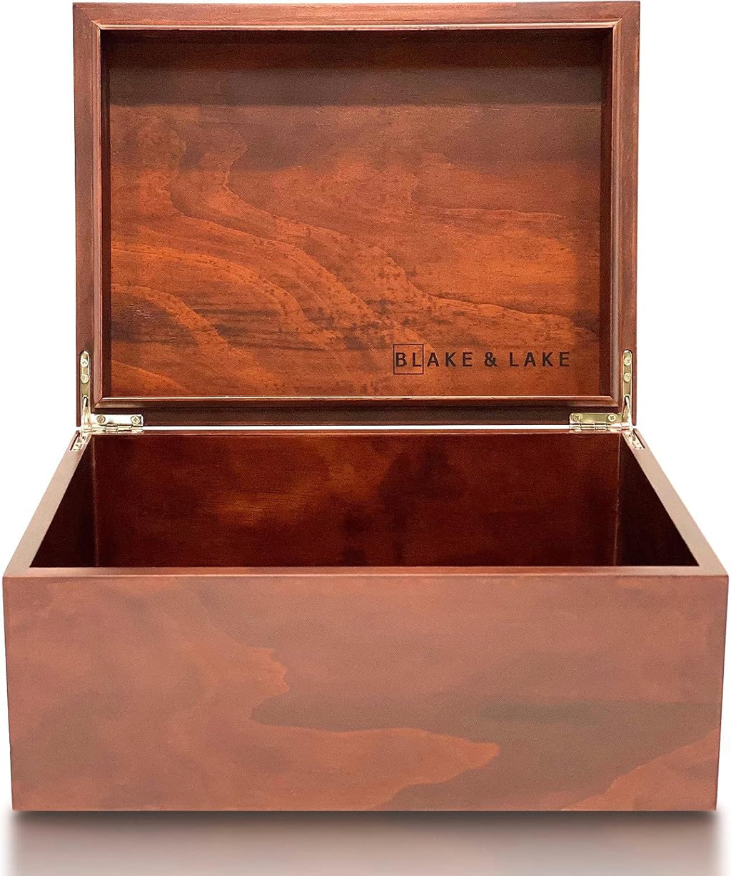 Blake & Lake Large Box with Hinged Lid - Wood Storage Box with Lid - Wooden Keepsake Decorative boxes with lids (Dark Oak)