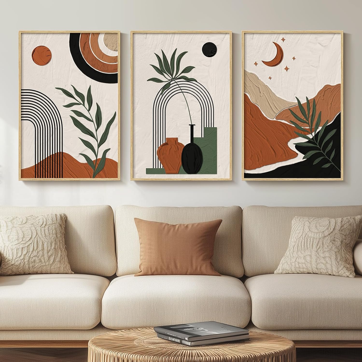 Framed Sage Green Boho Wall Art for Living Room, 3 Piece Minimalist Beige and Green Bohemian Artwork for Walls, Large Geometric Leaf Line Boho Paintings Prints for Bedroom Hallway Wall Decor, 16x24 In