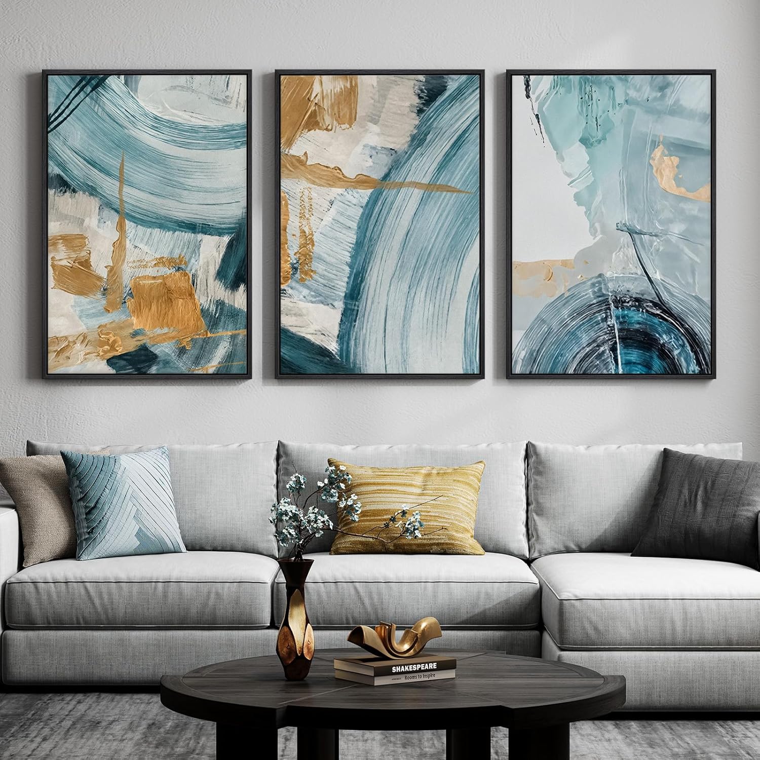 Large Framed Blue and Grey Abstract Wall Art for Living Room, 3 Piece Modern Canvas Prints Paintings Artwork for Walls, Minimalist Abstract Pictures Wall Decor for Hallway Office Bedroom 24x36 In